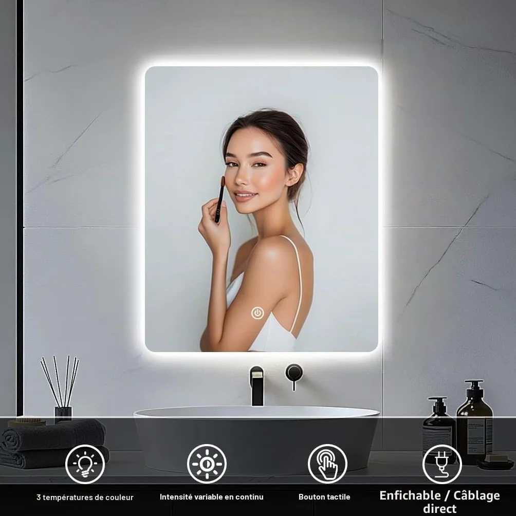 Miroir Mural de Salle de Bain, avec éclairage, 60 x 45 cm, avec lumière LED, Interrupteur Tactile et 3 Couleurs à intensité Variable (rectangulaire)