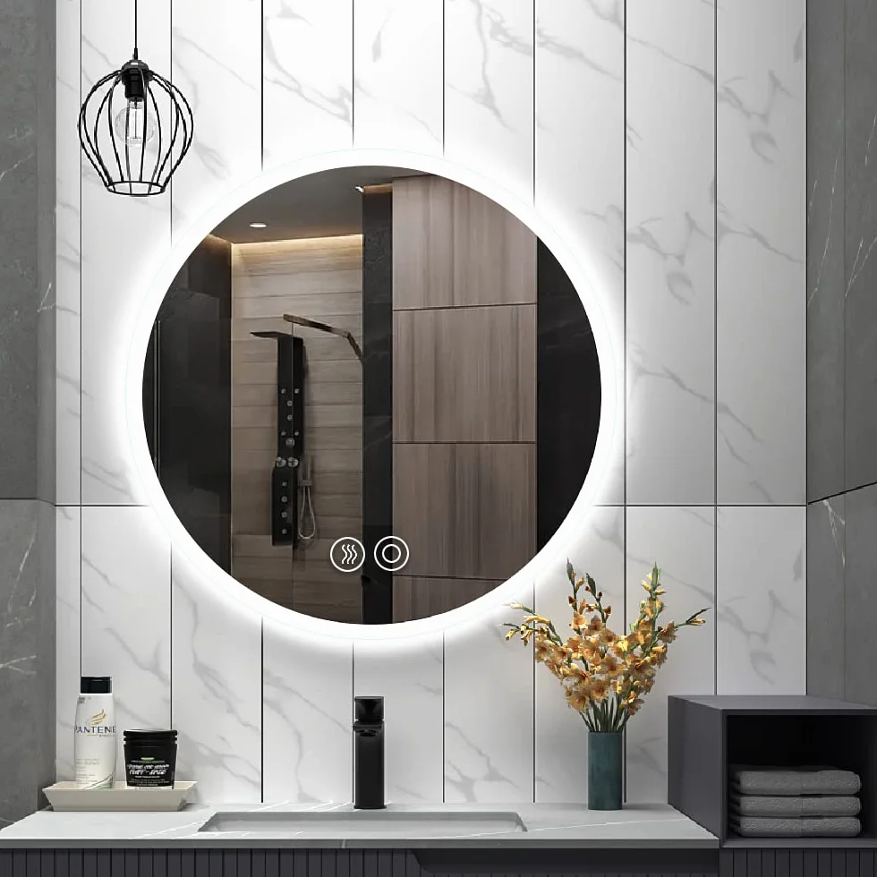 Panana Miroir de salle de bain rond étanche LED éclairé avec fonction anti-buée/désembuage/lumière dégradée - Monté au mur - Capteur - Anti-buée (rond 70 cm * 70 cm)