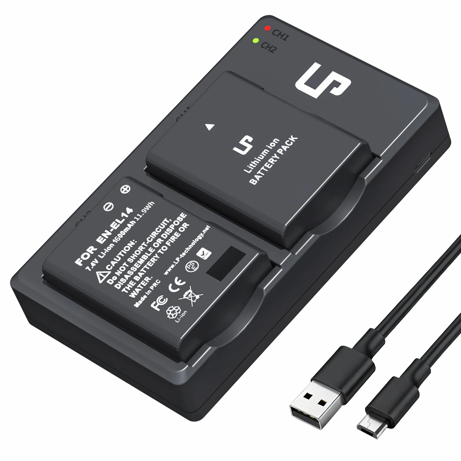 Zestaw ładowarki i akumulatorów LP EN-EL14 / EN-EL14a – 2 akumulatory 1600 mAh oraz ładowarka dwukanałowa. Kompatybilny z modelami Nikon: D3100 D3200 D3300 D3400 D3500 D5100 D5200 D5300 D5500 D5600 DF