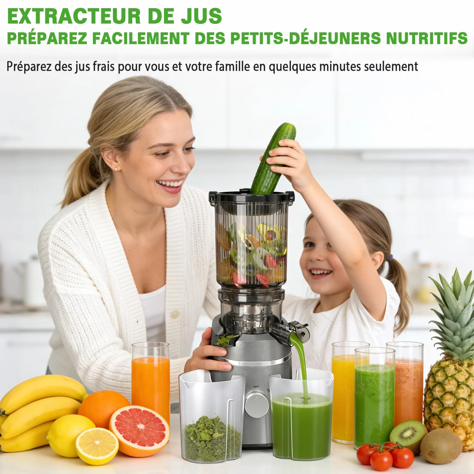 Extracteur de Jus de Fruits et Légumes, Centrifugeuse extracteurs de Jus à Froid, avec Goulotte XXL 130MM et Capacité de 2L, Rendement Élevé de 90%, Inclut Brosse de Nettoyage