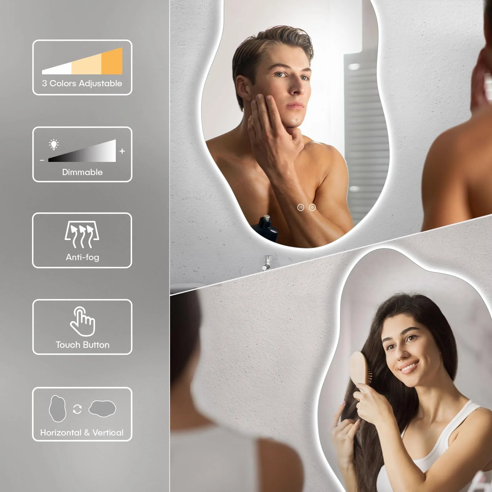 Dripex Miroir Salle de Bain 52 x 85cm, Miroir Asymétrique Salle de Bain avec éclairage LED, Interrupteur Tactile, Lumière Réglable 3 Couleurs, Anti-buée, Mémoire