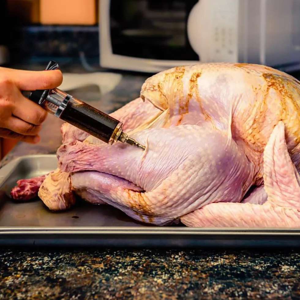 Seringue Alimentaire Acier Inoxydable Injecteur de Marinade 3 Aiguilles pour Dinde Bœuf Poulet