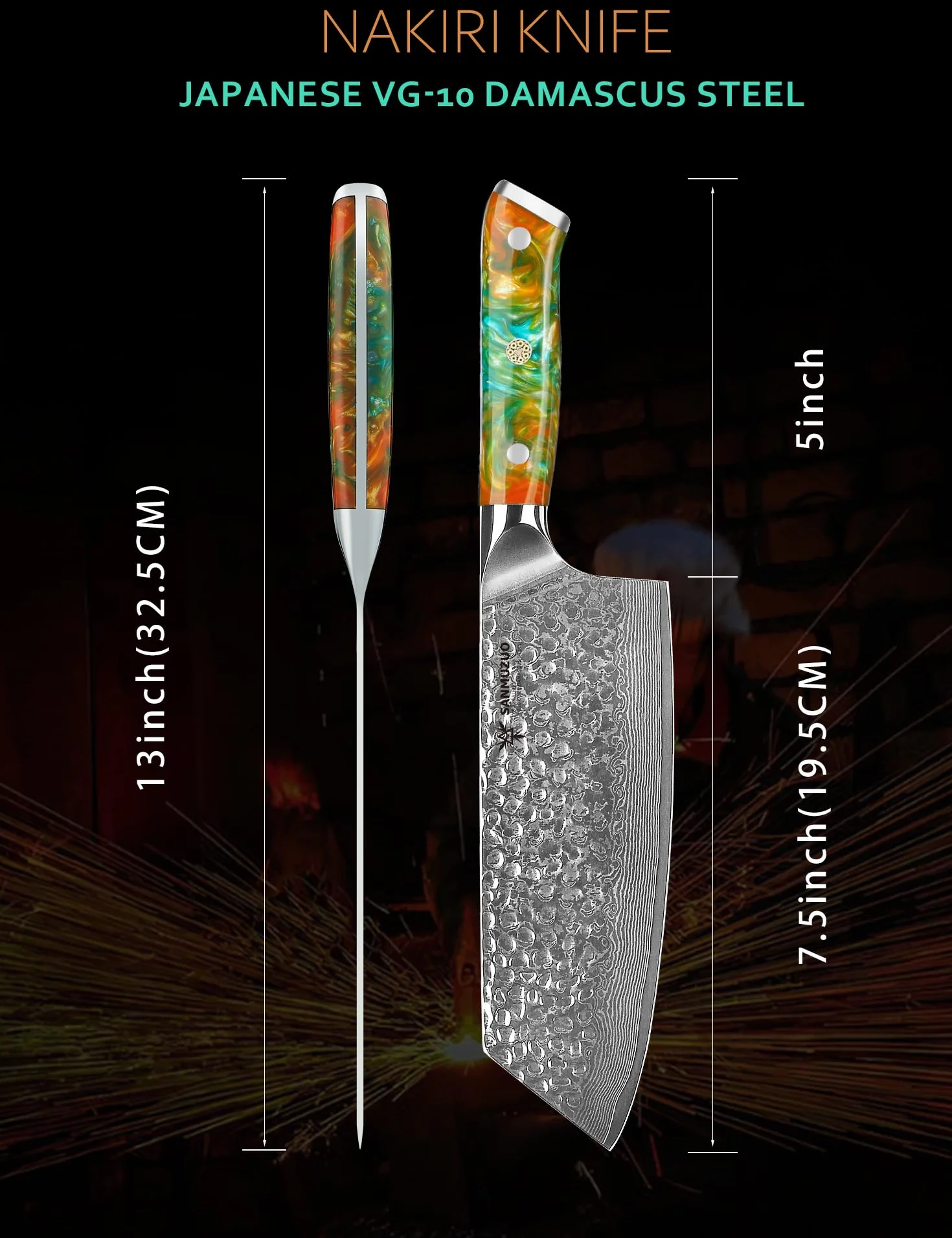 Couteau Nakiri 19,5 cm - Couperet à légumes de cuisine - Couteau japonais Usuba - Acier Damas martelé et manche en résine - Série YAO