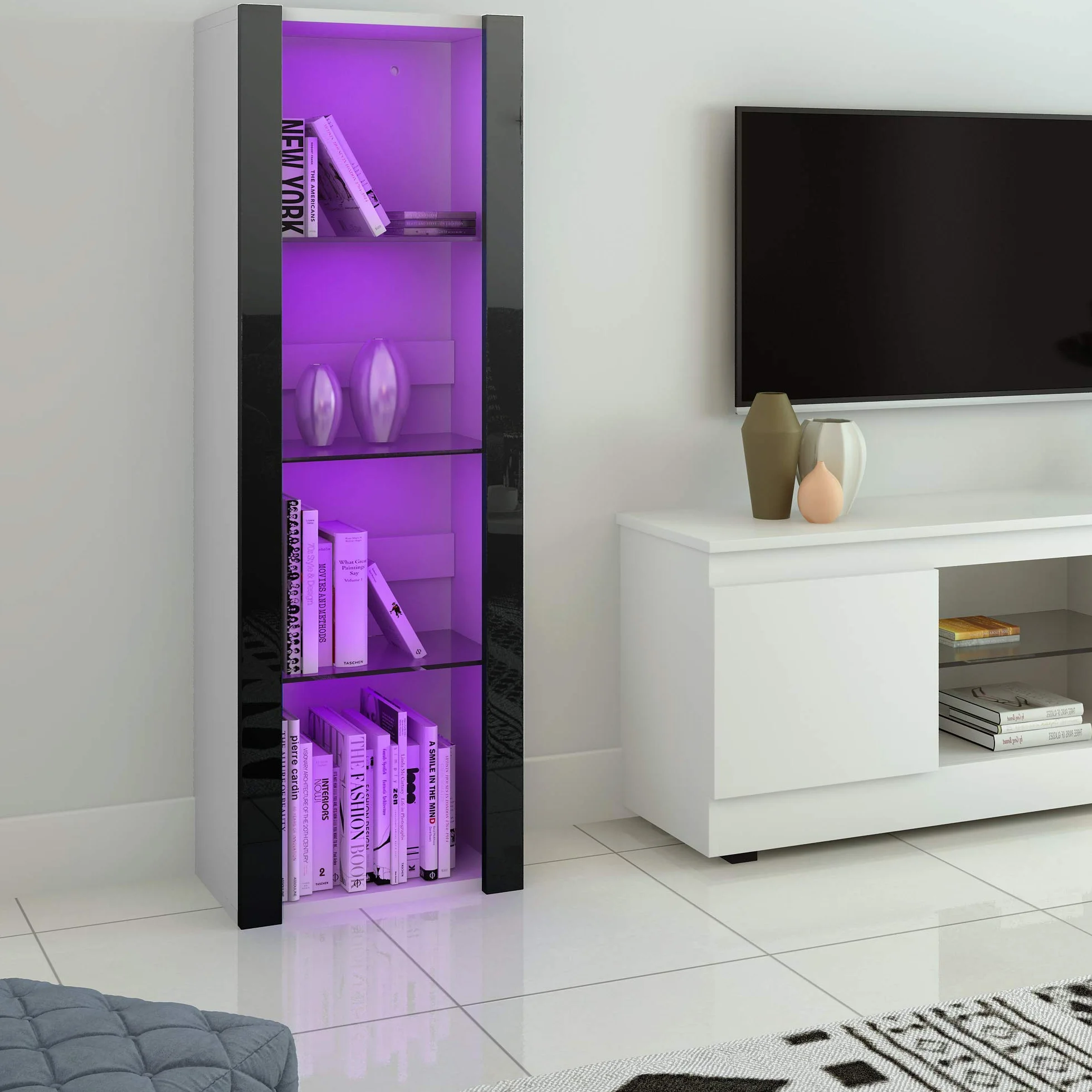 Panana Vitrine Lumières LED Meuble de Rangement avec Etagères sur Salon, Bureau, 55 x 35 x 166 cm (Noir+Blanc)