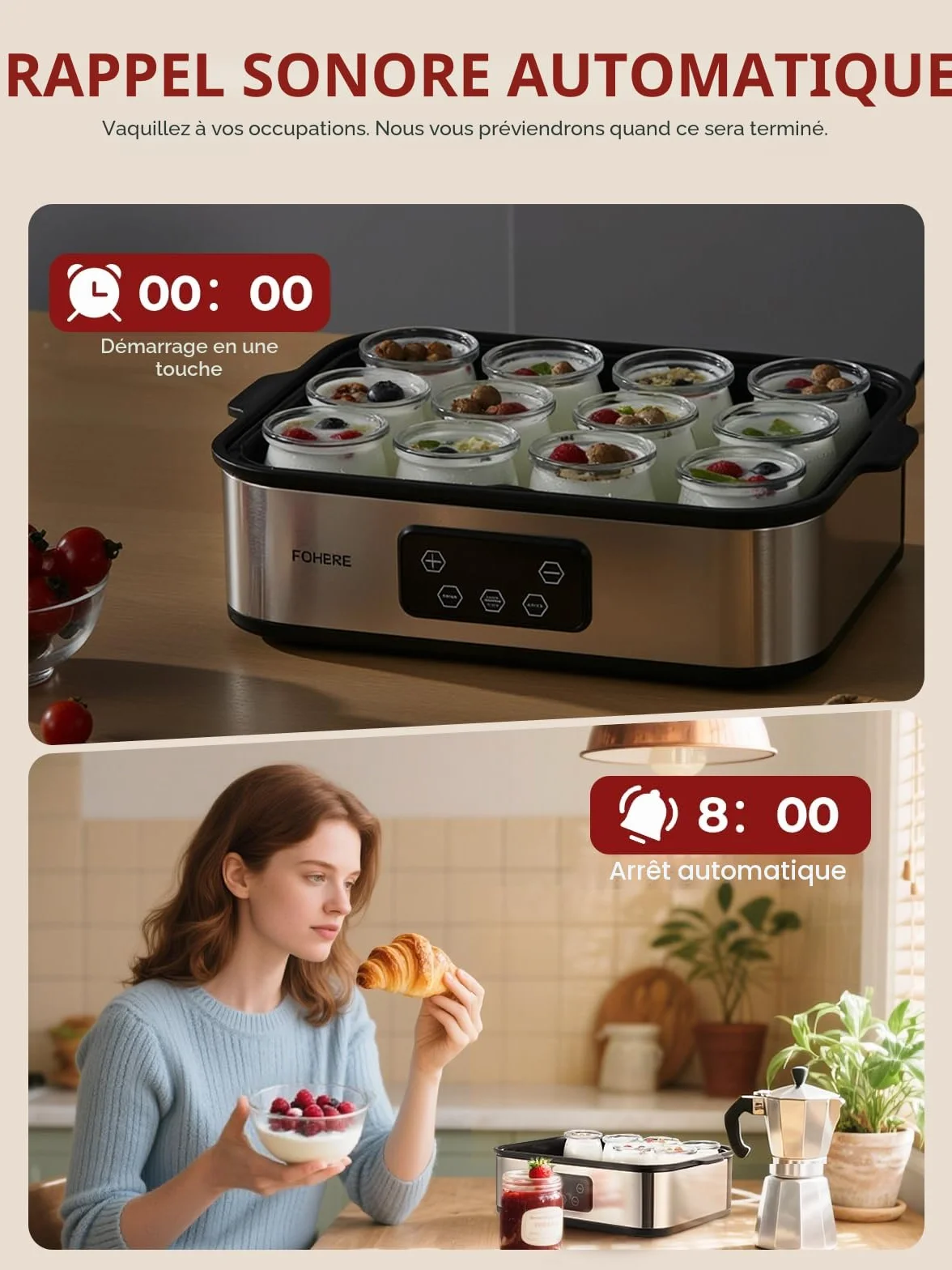 FOHERE Yaourtière 12 pots 180 ml, 25W Machine à Yaourt Maison, Programmable, Ecran LCD, Corps en Acier Inoxydable, Sans BPA, Compatible au lave vaisselle, Arrêt Automatique