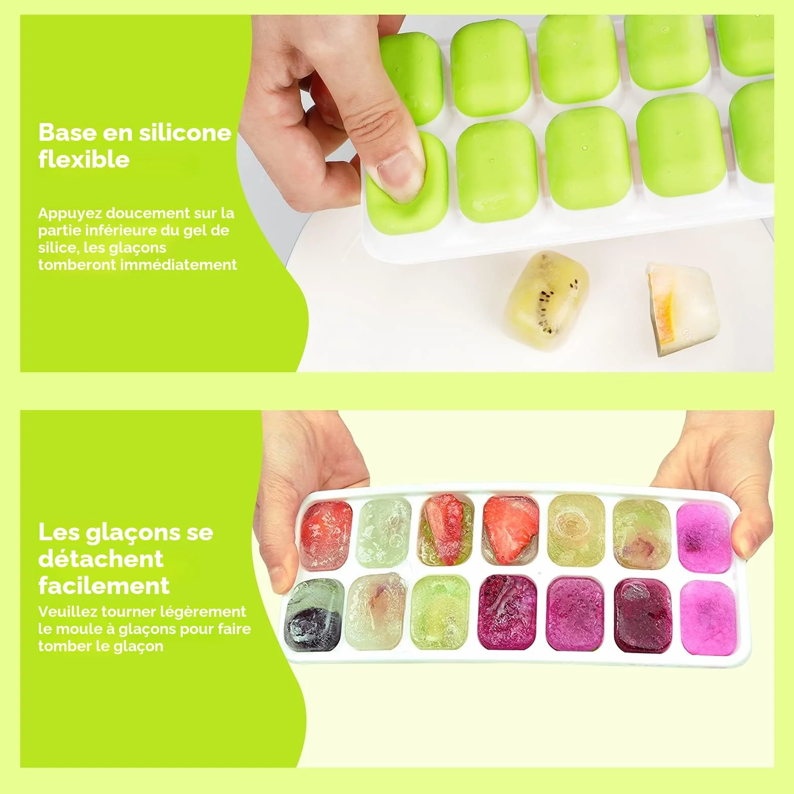 Airabc Lot de 4 bacs à glaçons en silicone avec couvercle, certifié LFGB sans BPA, carrés faciles à retirer Bleu/Vert