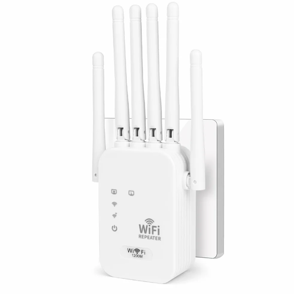 Wzmacniacz WiFi, wzmacniacz sygnału WiFi AC1200, Dual Band Repeater 5 GHz i 2,4 GHz z 6 antenami zewnętrznymi, przedłużacz Wi-Fi zasięg ponad 300 metrów dla biura, domu biały
