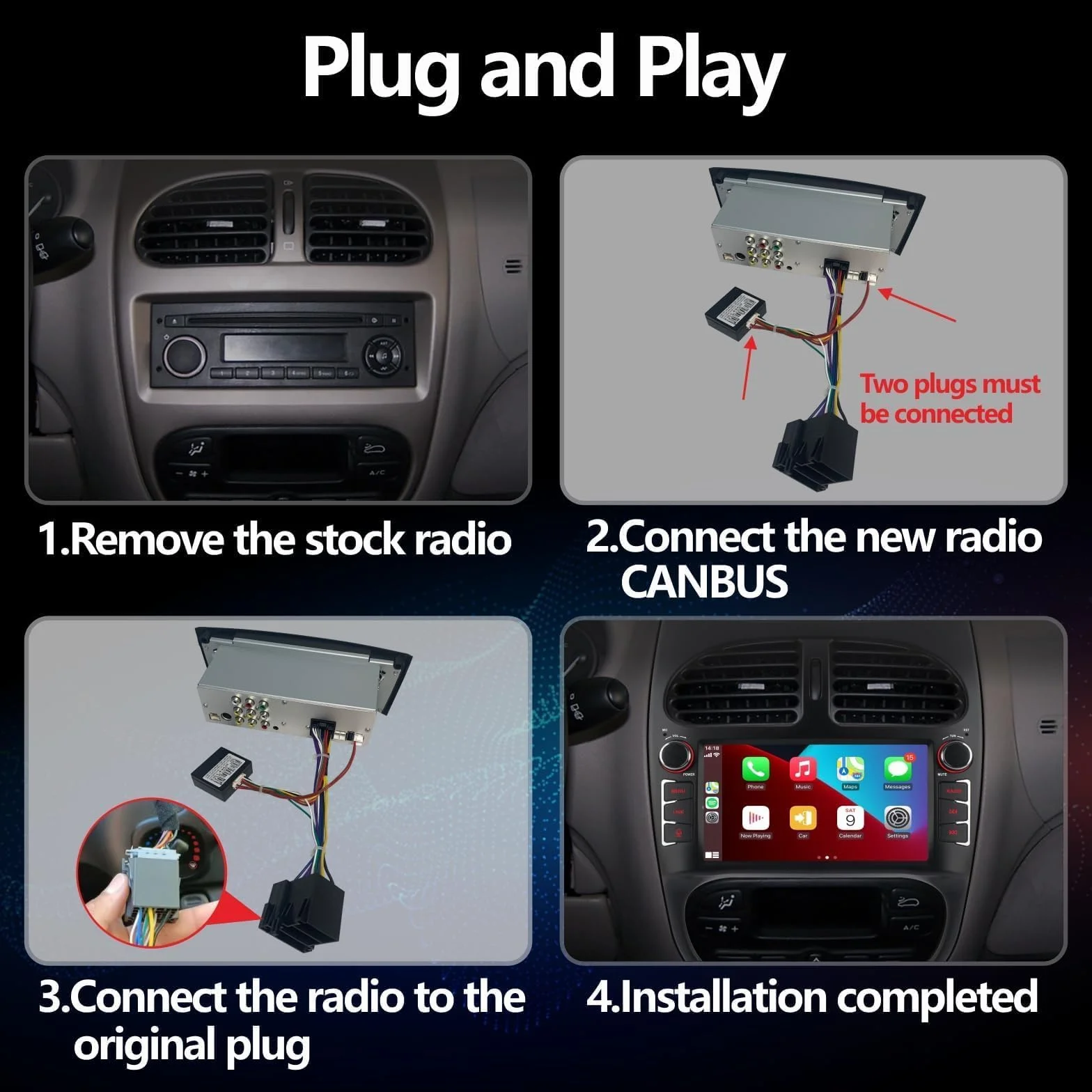 Radio samochodowe do Peugeot 206 206cc Citroen C2 (2002-2010) Carplay Android bezprzewodowy ekran dotykowy FM/AM/RDS Bluetooth/sterowanie na kierownicy