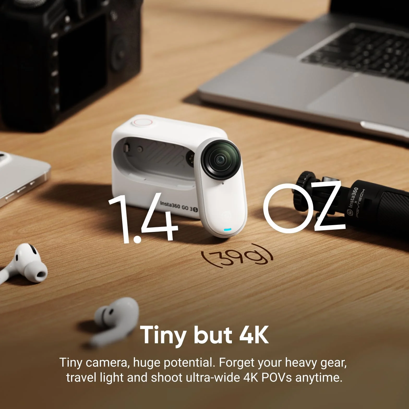 Insta360 GO 3S 64 GB Arctic White - mała przenośna kamera do vlogowania 4K, bez użycia rąk, mocowanie w dowolnym miejscu, stabilizacja, żywotność baterii 140 min, wodoodporność 10 m, edycja AI, do