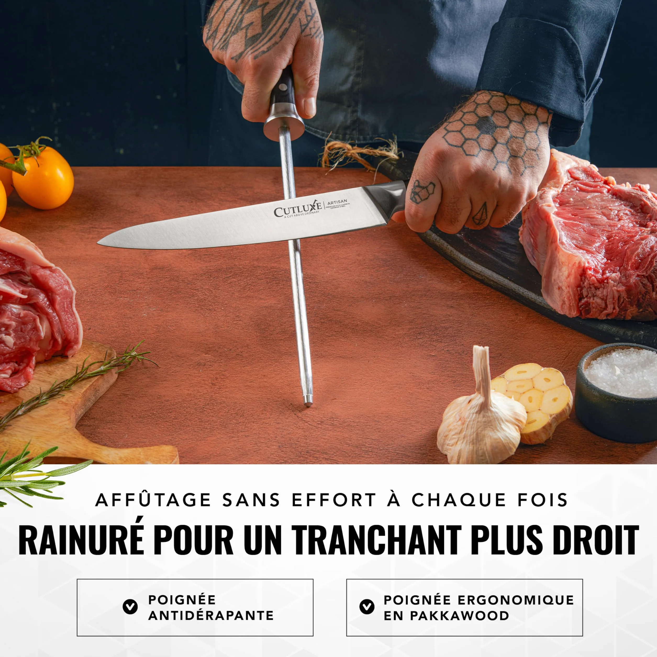 Cutluxe Fusil à Aiguiser 25.4cm Aiguiseur Professionnel Diamant Poignée Ergonomique pour Couteaux Chef Japonais Série Artisan