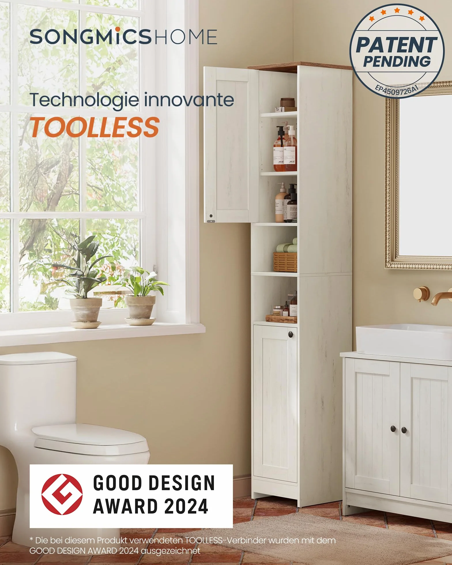 SONGMICS HOME Meuble de Salle de Bain Haut, Assemblage Ultra-rapide sans Outils Toolless, Colonne de Rangement, avec Étagères Réglables, pour Salon, Entrée, 30 x 30 x 170 cm, Blanc Rustique BBC667WJ01