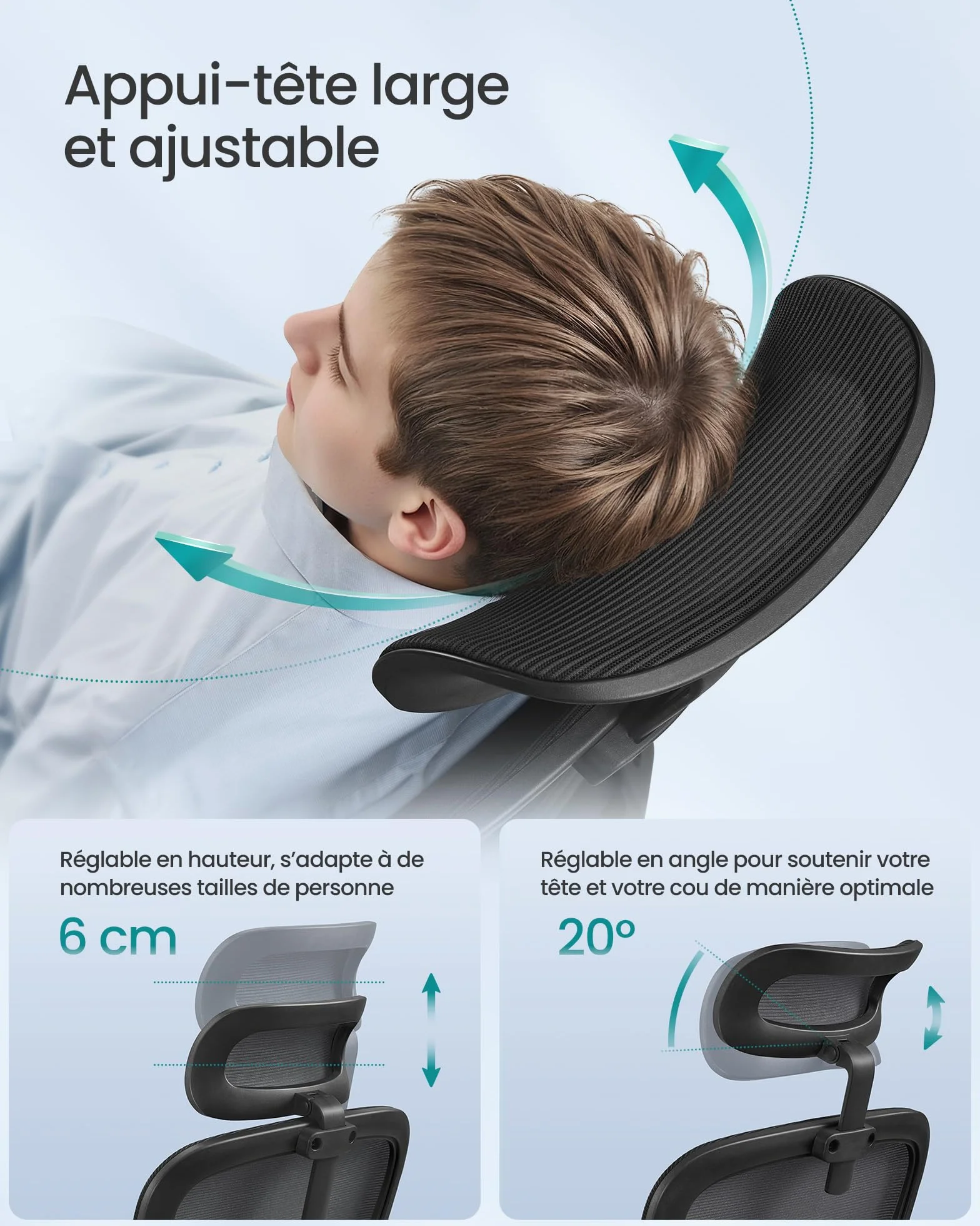 SONGMICS Chaise de Bureau Ergonomique Tissu Maille Respirant Double Couche Soutien Lombaire Adaptatif Appui-Tête Réglable Noir d’Encre