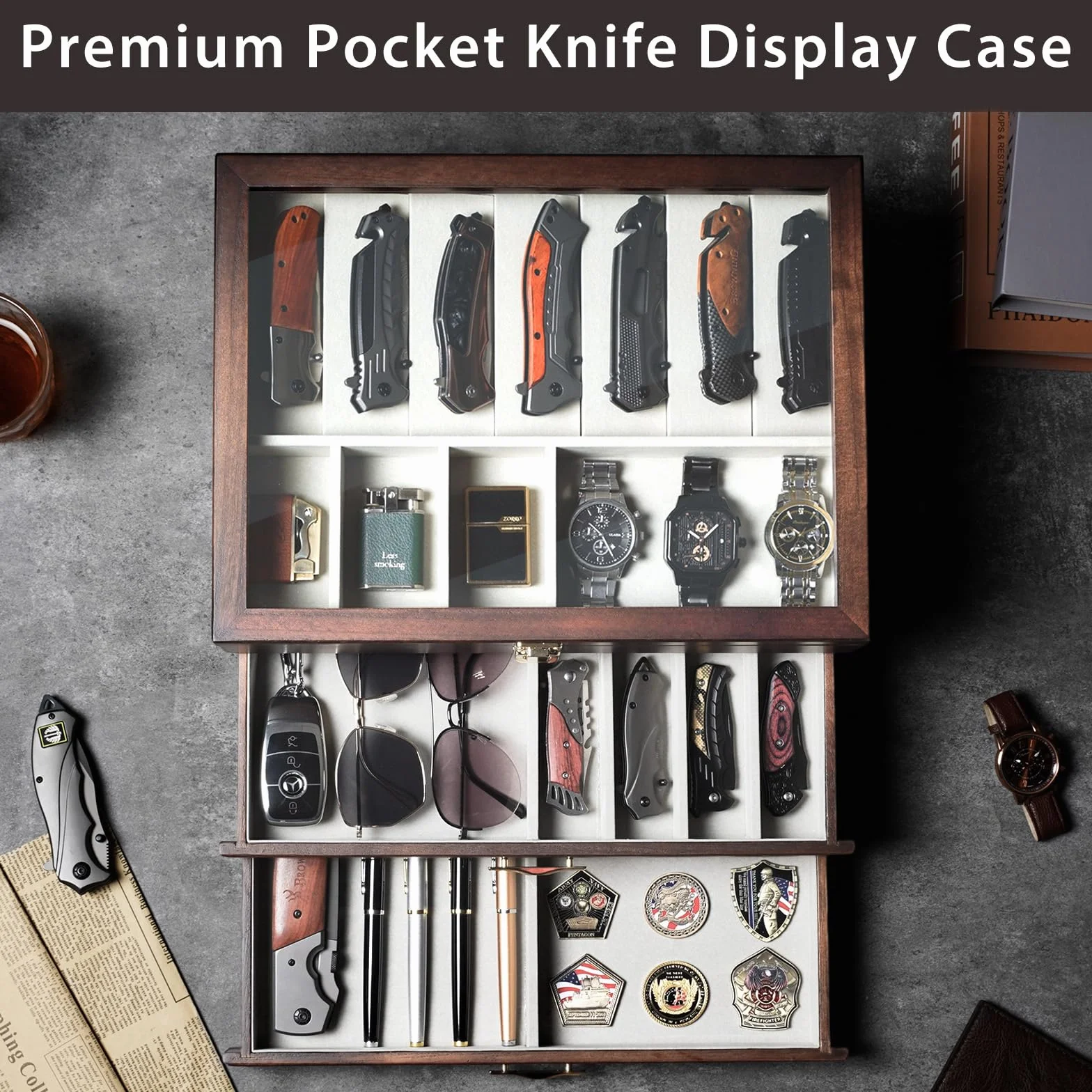 3 Étages Coffret Poignard, Bois Boîte Présentation Poignard pour 30 à 36 Couteaux de Poche, Grande Vitrine à Couteaux avec Vitre Supérieure en Verre Véritable, pour Collection, Cadeau (Noyer)