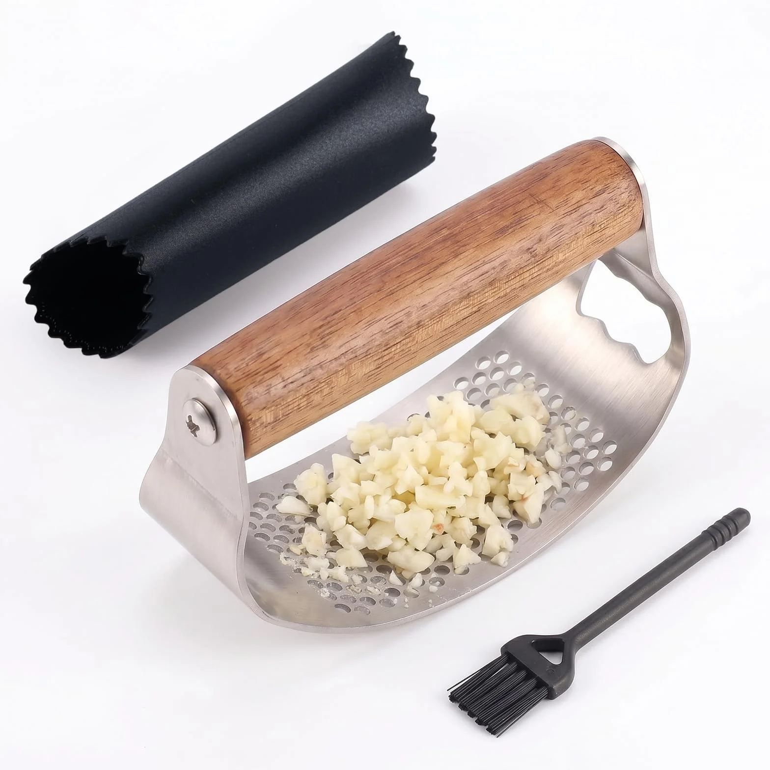 Presse Ail Inox avec Manche Ergonomique en Bois, 2-en-1 Écrase Ail et Décapsuleur, Inclus Éplucheur Silicone
