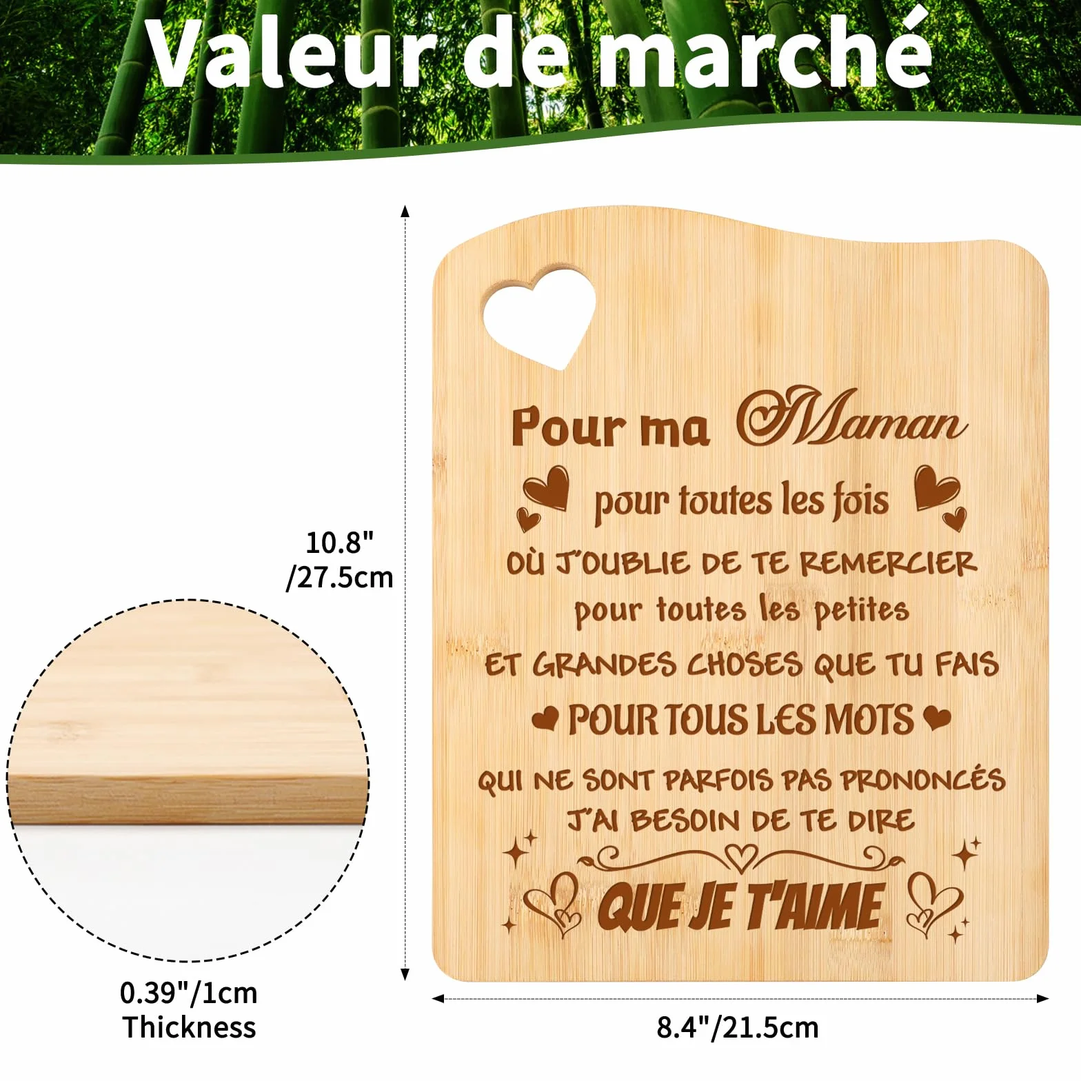Planche à Découper en Bambou Sculptée Cadeau Fête des Mères Maman