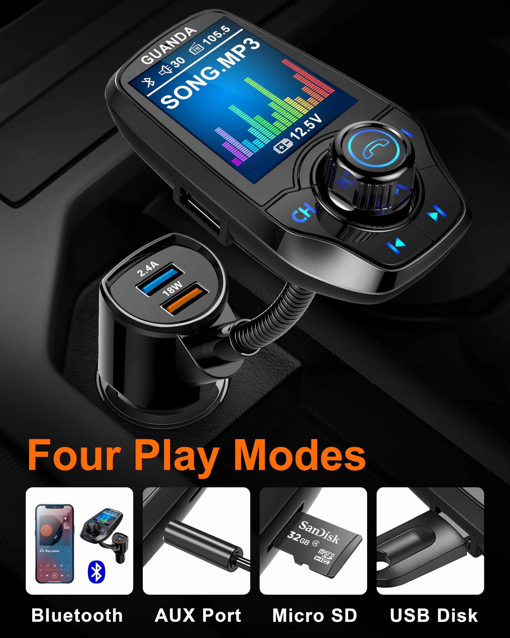 Bluetooth FM Transmitter for Car, Bluetooth Car Adapter, 4-in-1 Car MP3 Player with 1.8 Inch Color Display, AUX Input/Output, 3 Port USB, S Handsfree Call, SD/TF Card, USB Disk,QC3.0,5 EQ Modes