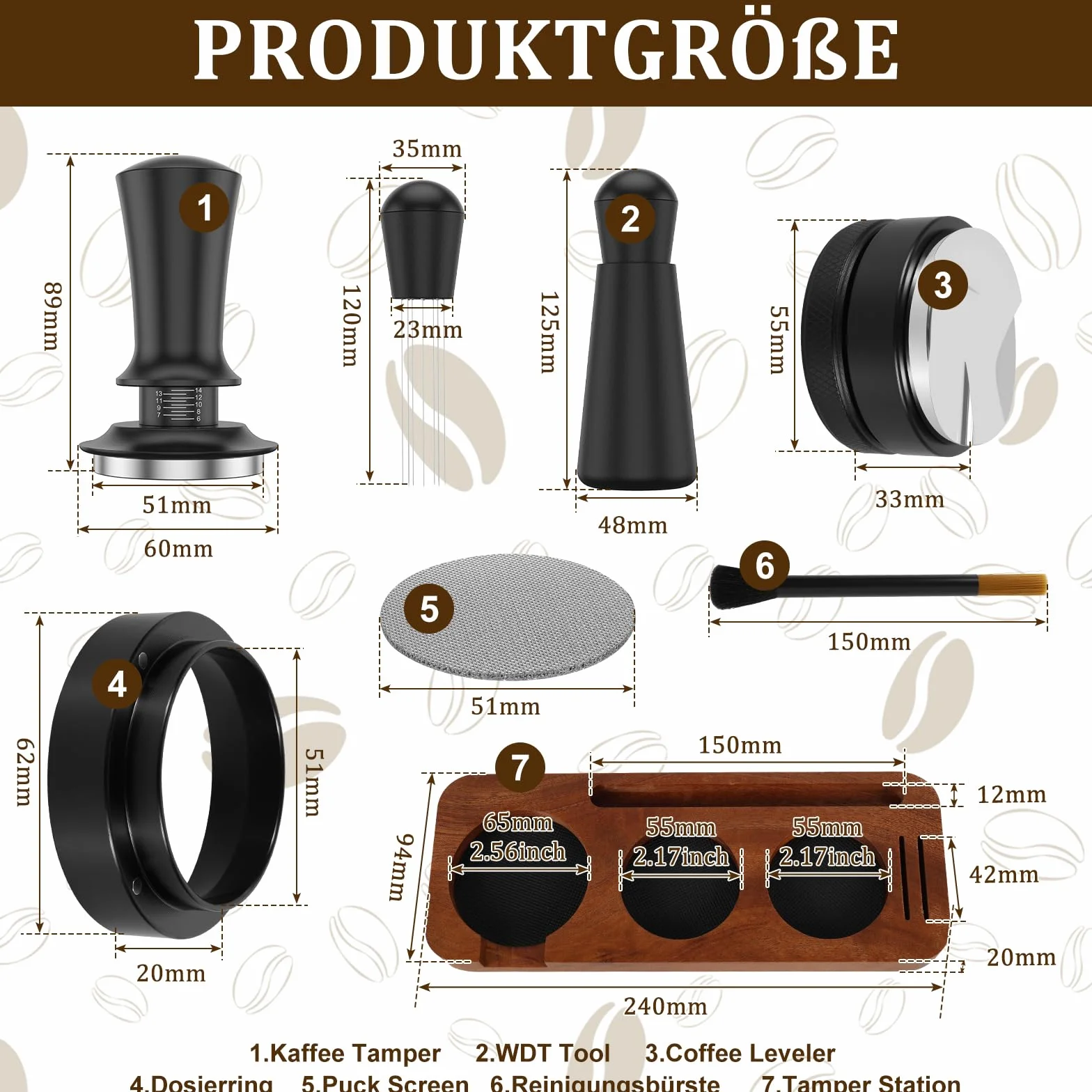 Lot de tampons à expresso de 51 mm avec aiguille à expresso, tampon à café avec distributeur de tamper, anneau de dosage de 51 mm, agitateur à expresso, aiguilles, mélangeur à café, écran
