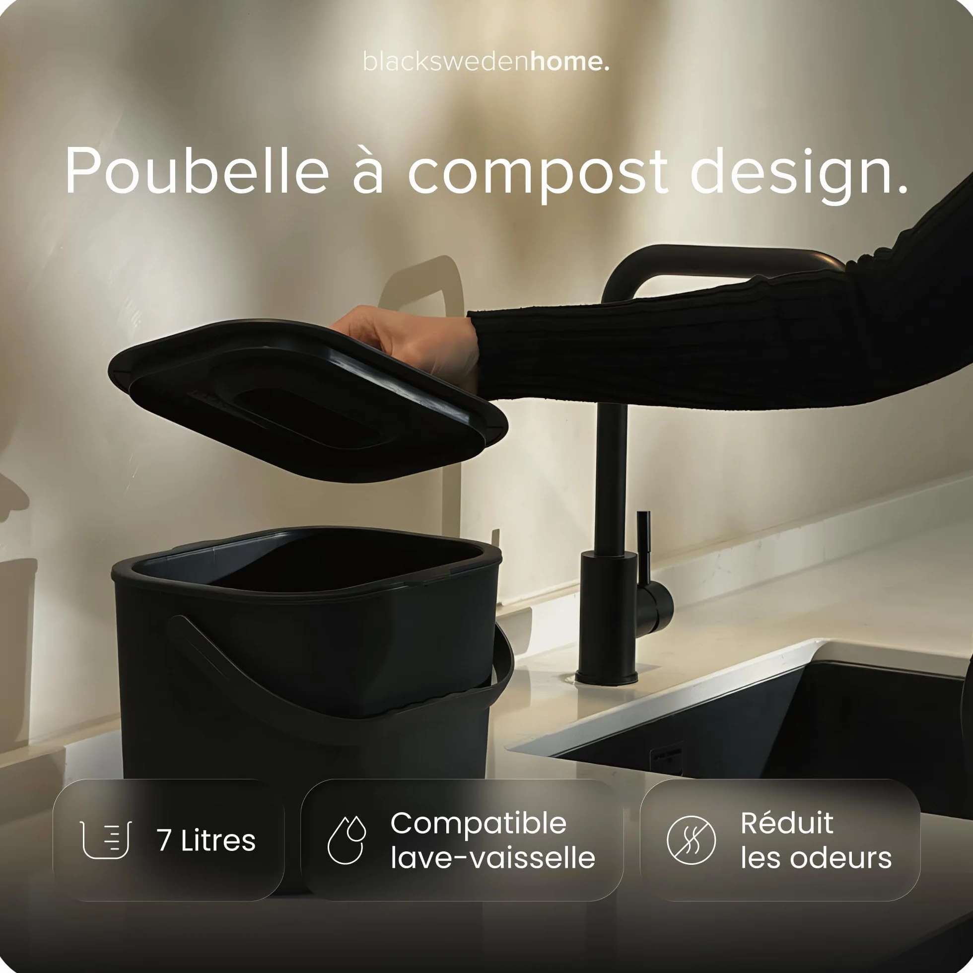 Seau à Déchets Alimentaires 7L Inodore avec Couvercle Passe au Lave-Vaisselle - Poubelle de Cuisine pour Compost Noir