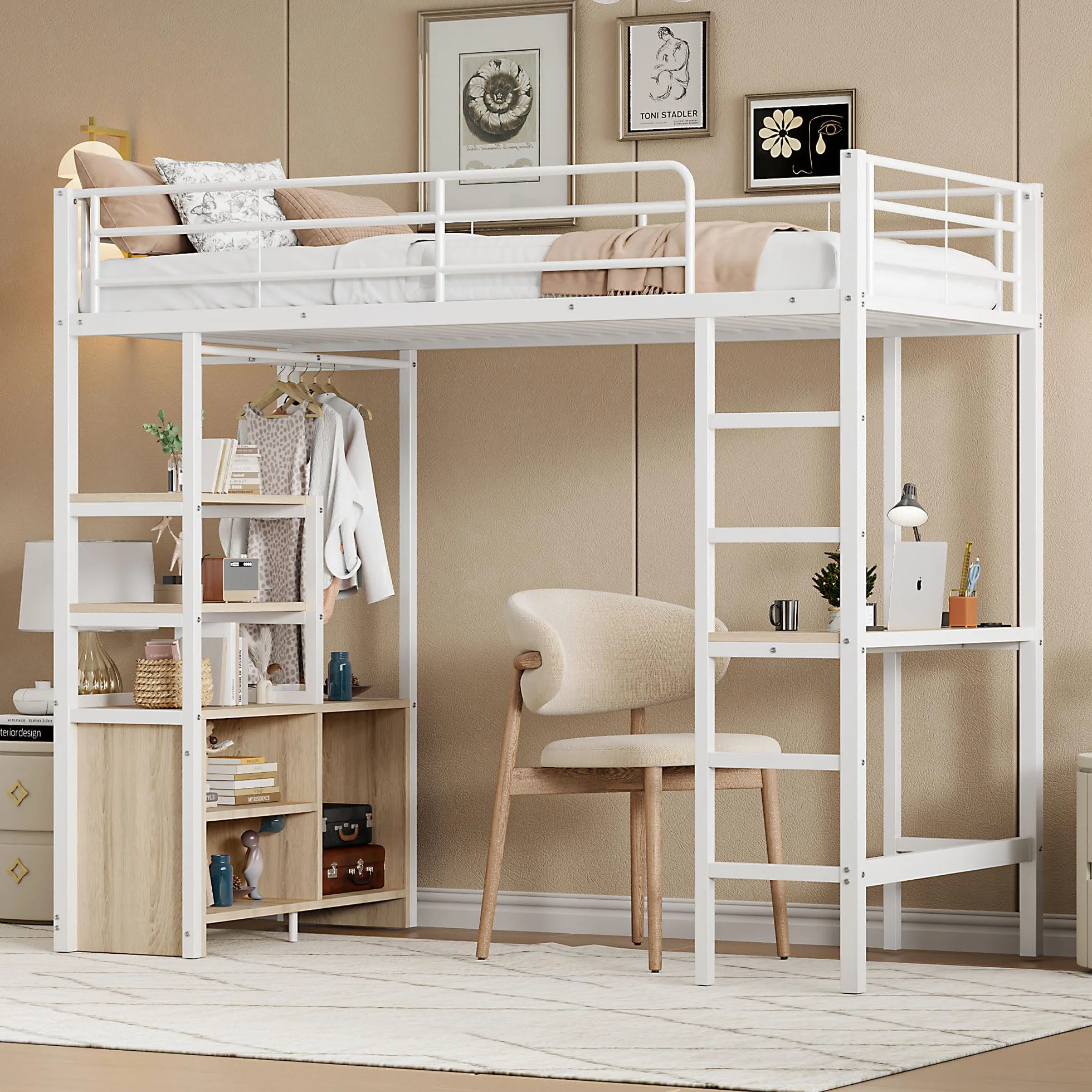 Lit Mezzanine 1 Place 90x200 cm avec USB, Lit Enfant en Métal avec Armoire de Rangement Ouverte, Lit Mezzanine Enfant avec Bureau et Plusieurs étagères, Lit en Hauteur avec échelle et Balustrade