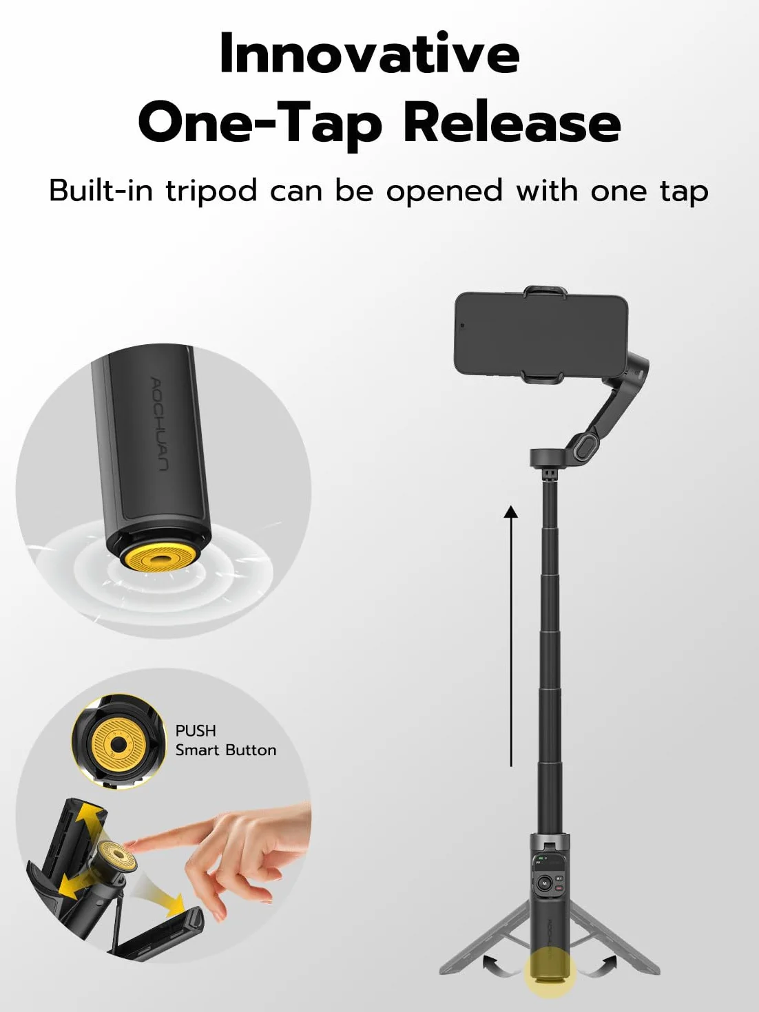 AOCHUAN 3-osiowy stabilizator gimbala do iPhone'a ze śledzeniem twarzy 360°, gimbal do smartfona z otwartym statywem jednym dotknięciem, sterowanie gestami, stabilizator telefonu z magnetycznym