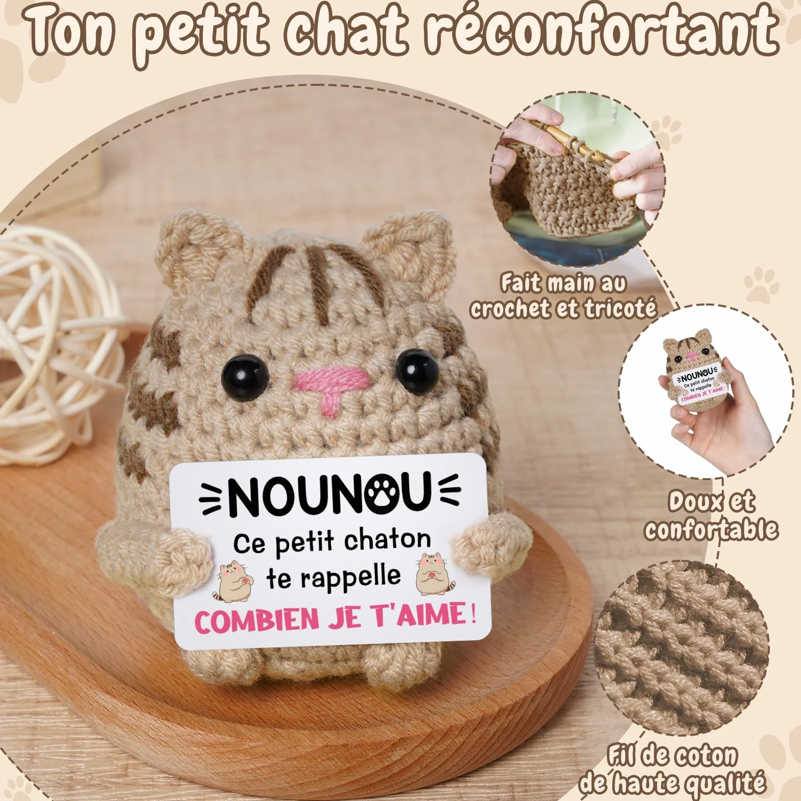 Chaton au Crochet Cadeau Tata Anniversaire Original Fête des Mères Noël