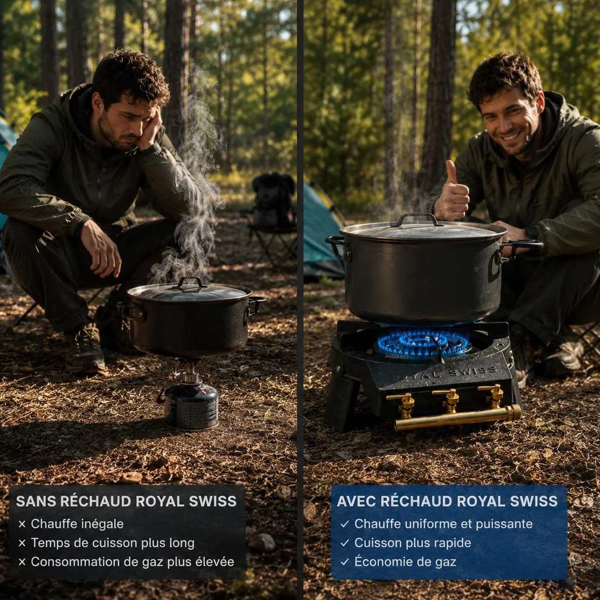 Royal Swiss Réchaud à Gaz 3 Robinets en Fonte, Trépied Gaz pour Paella et Grandes Marmites, Brûleur Butane Propane, Gazinière Extérieure avec 4 Pieds, Noir