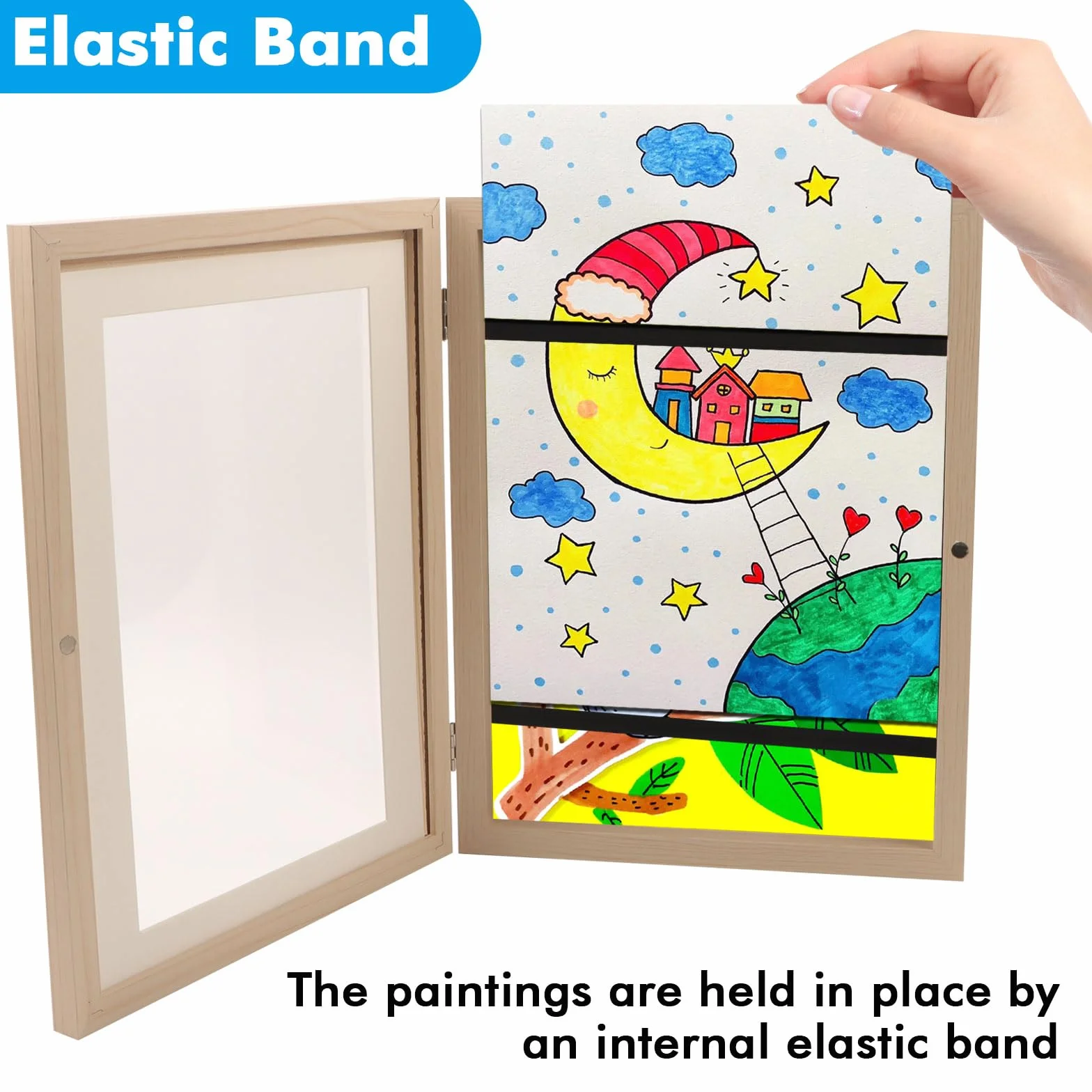 FIVAVA 2 Pièce Cadre Dessin Enfant A4 à Remplir 50-150 Images, Cadre Pliant pour Dessins d'Enfants, Bois