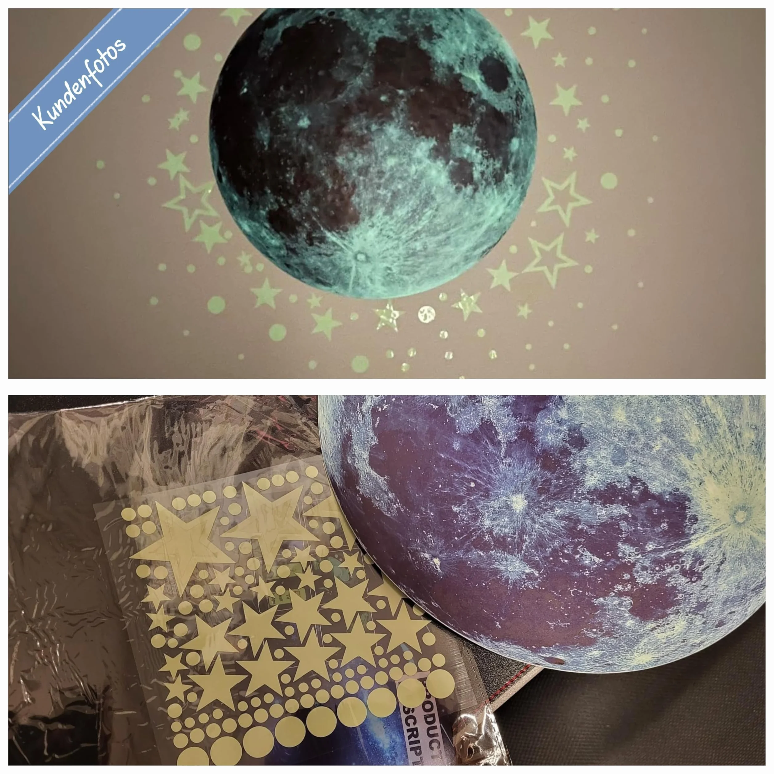 Grande LUNE phosphorescente 30x30 cm Stickers étoiles autocollantes lune lumineuse murale Déco fluorescente chambre