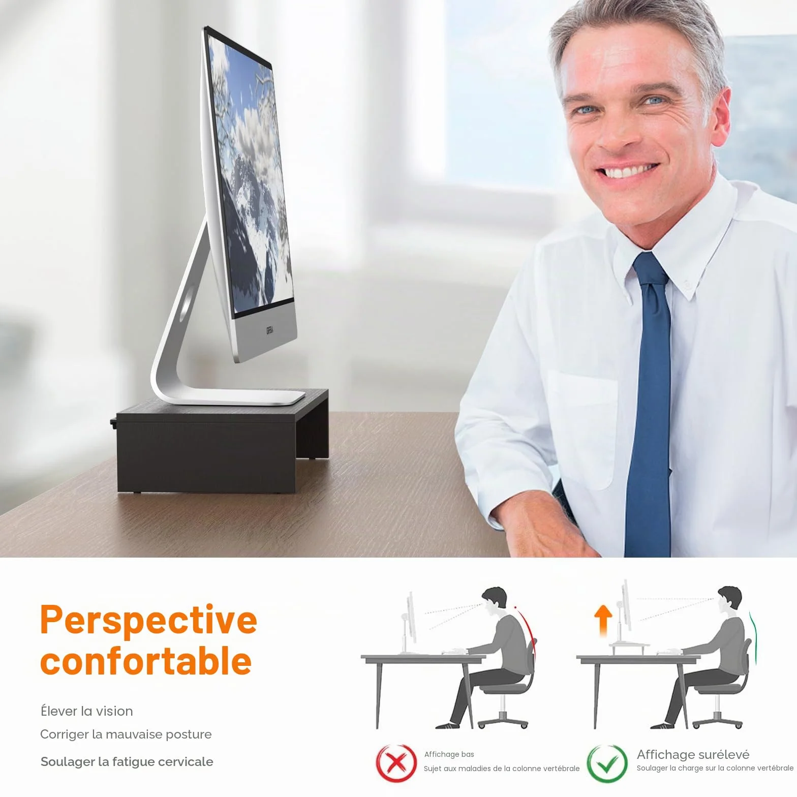 GRIFEMA Rehausseur Écran PC Bureau en Bois, Support Moniteur Ergonomique avec Gestion des Câbles, Noir