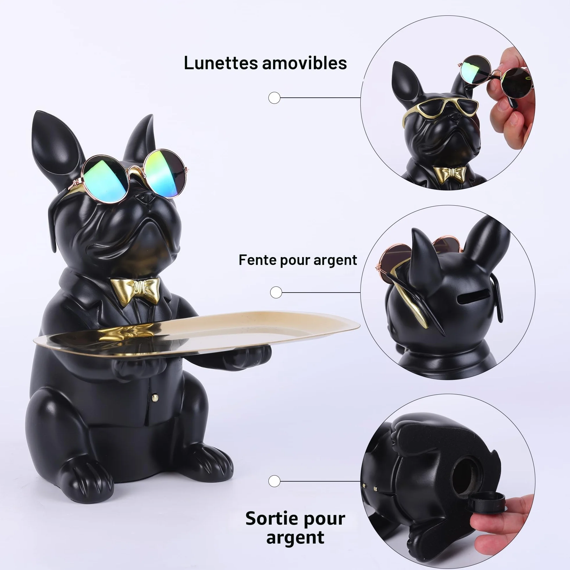 Bouledogue Statue Chien Plateau Décoratif Résine Clés Rangement Décoration Maison Moderne (Noir)