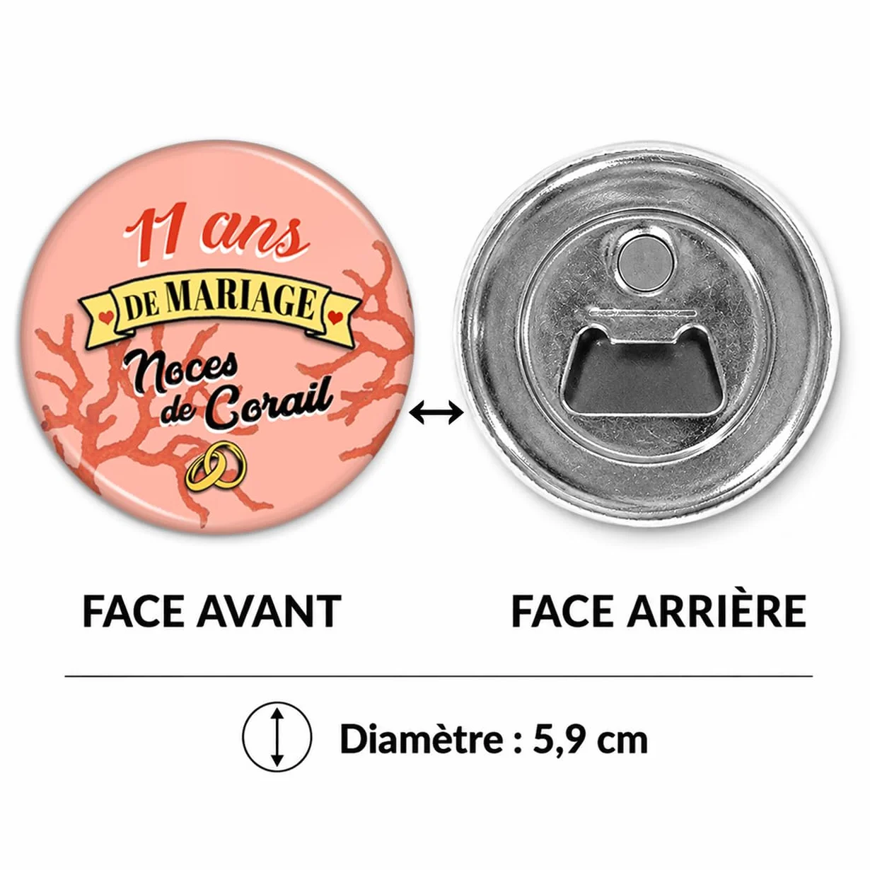Décapsuleur Magnétique Aimant Noces de Corail 11 Ans Anniversaire Diamètre 5.9cm Anneaux Mariage