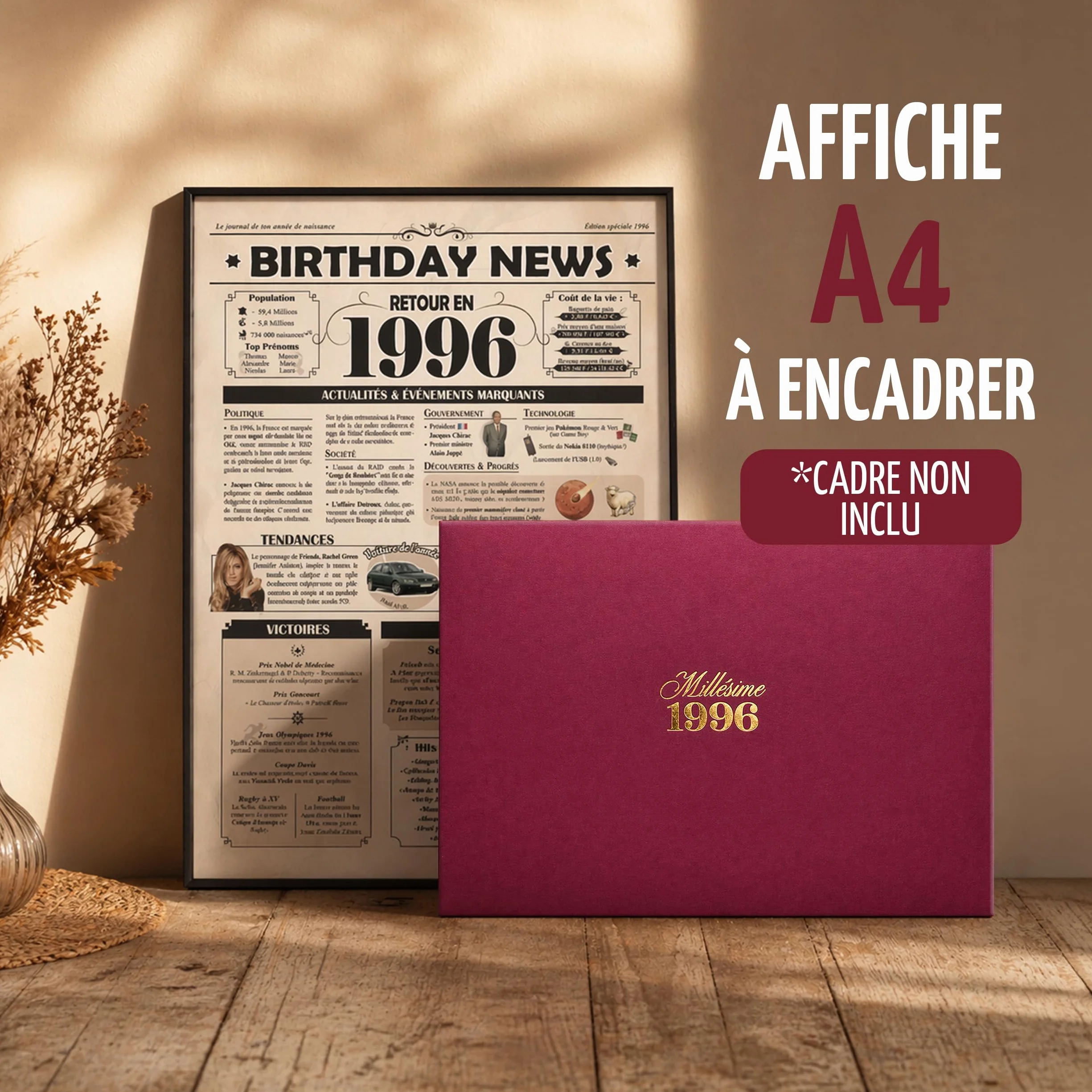 Affiche Anniversaire 1996 – Carte Cadeau 30 Ans Poster Vintage Journal Retour en 1996 Taille A4