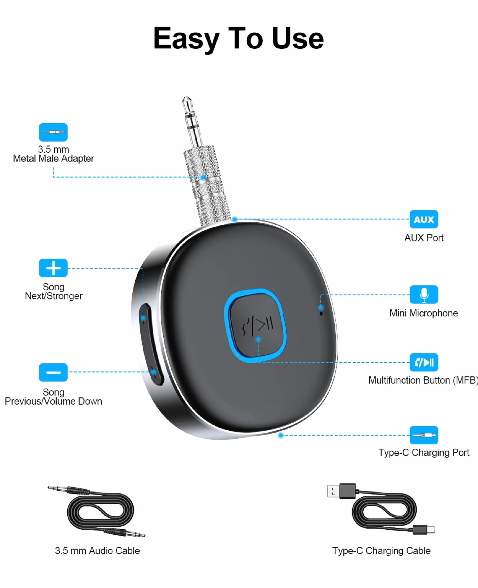 HORJOR AUX Bluetooth adapter samochodowy, odbiornik Bluetooth 5.0, bezprzewodowy adapter Bluetooth do samochodu, słuchawek, rozmowy głośnomówiące, podwójne połączenie, 16 godzin odtwarzania
