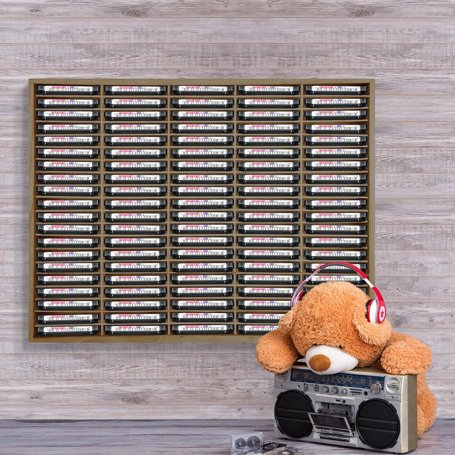 Marsui Support de rangement en bois pour 100 cassettes audio - Pour collections et accessoires audio (marron)