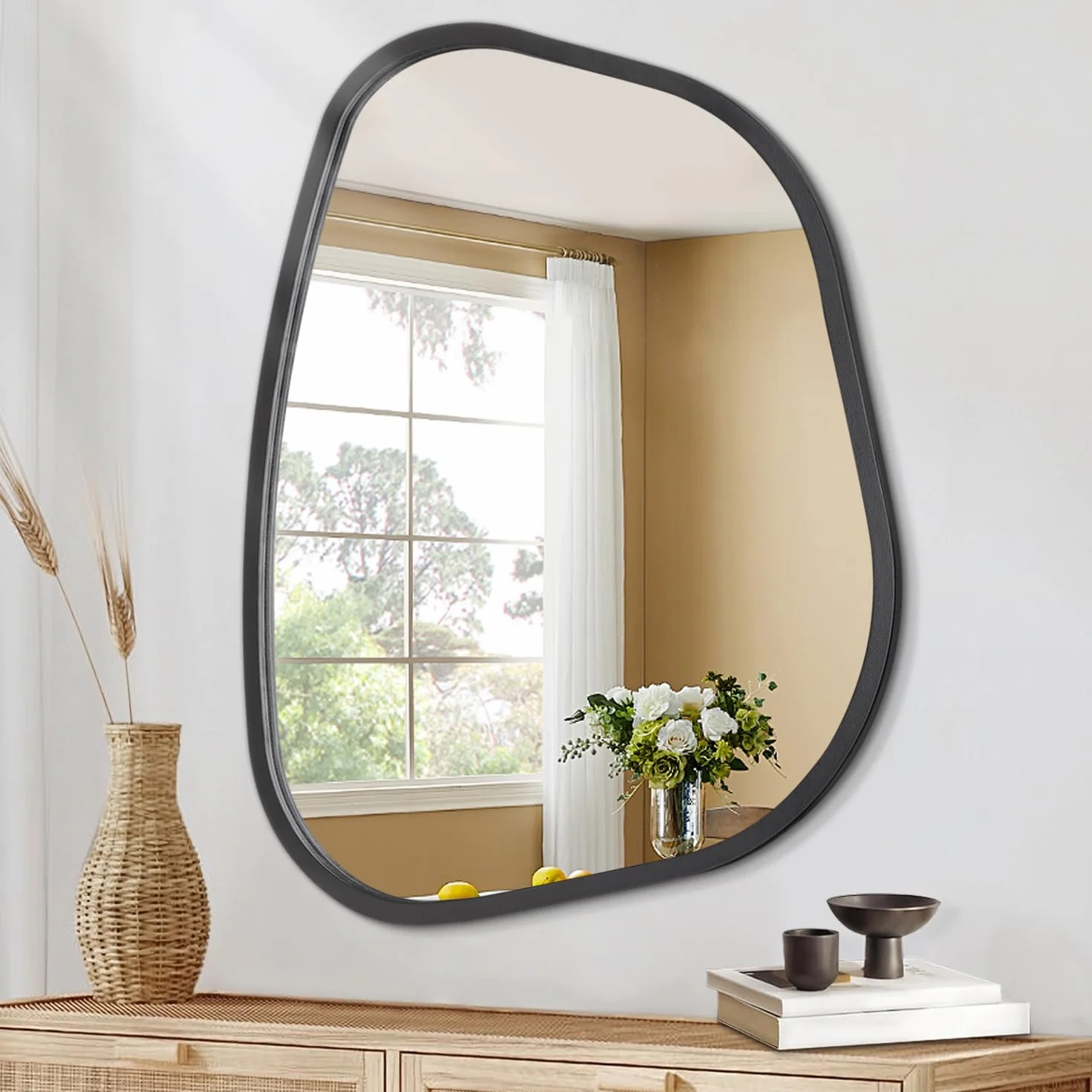 Miroir asymétrique noir mural ovale irrégulier cadre en bois moderne décoratif salon chambre salle de bain