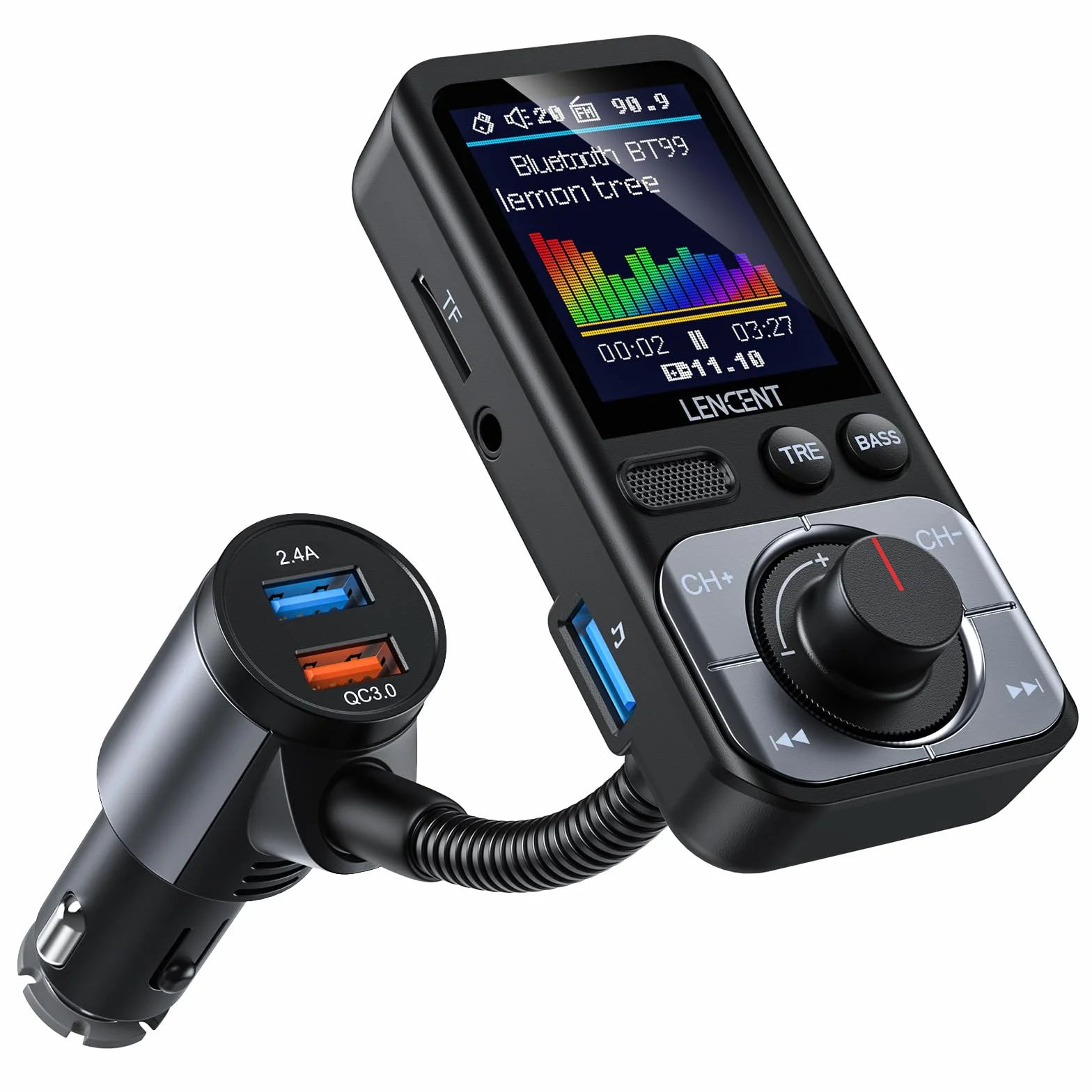 LENCENT 5.0 Samochodu Nadajnik FM Bluetooth z Adapter AUX, Bezprzewodowy Adapter z Szybka Ładowarka QC3.0 USB-A, Zestaw Głośnomówiący, Wzmocnienie Tonów Wysokich i Niskich Muzyki HiFi, Obsługa Kart TF