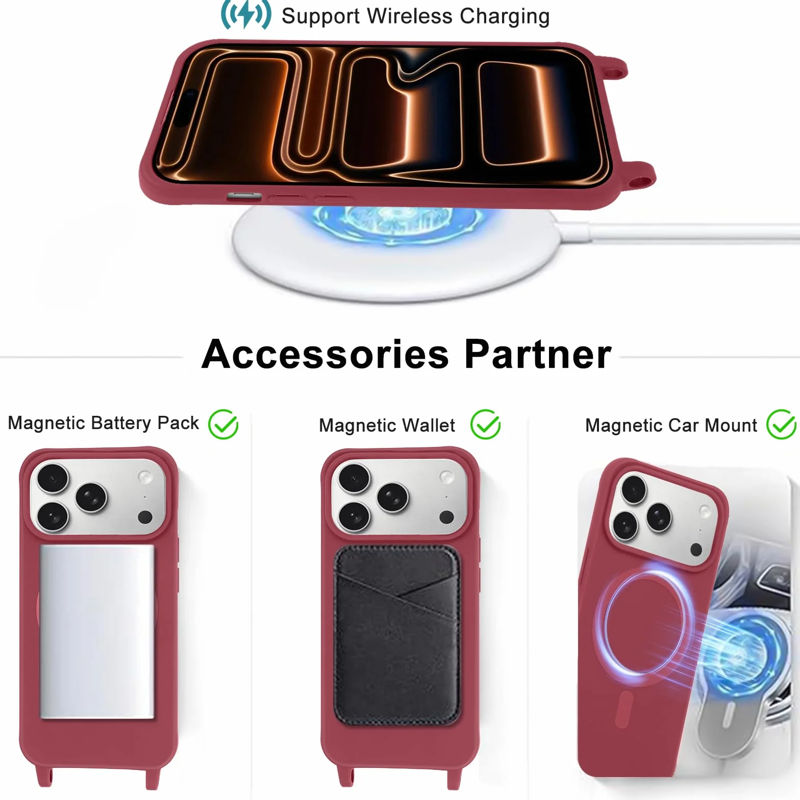 Magnetyczne etui na iPhone'a 17 Pro ze smyczą, miękkie silikonowe etui antywstrząsowe z regulowanym paskiem na szyję naszyjnik łańcuszek na szyję sznurek do iPhone'a 17 Pro 6.3", czerwony