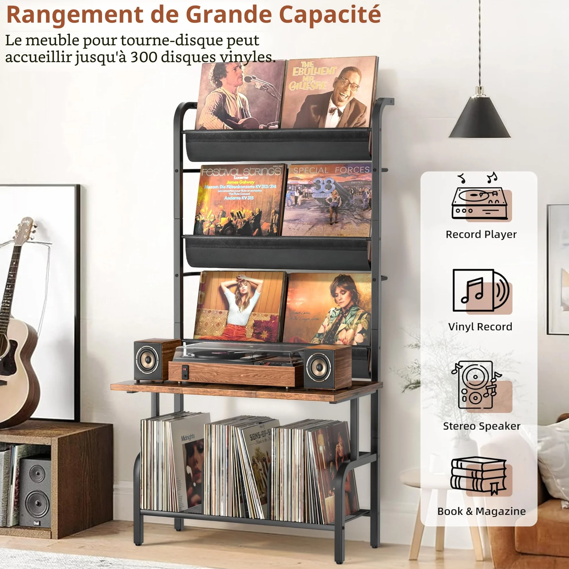 Bikoney Meuble Tourne-disque avec Rangement Vinyles – Support Platine Vinyle pour Jusqu’à 300 Albums, Table de Tourne-disque Vintage, Étagère de Rangement pour Disques et Stéréo Plus Grand