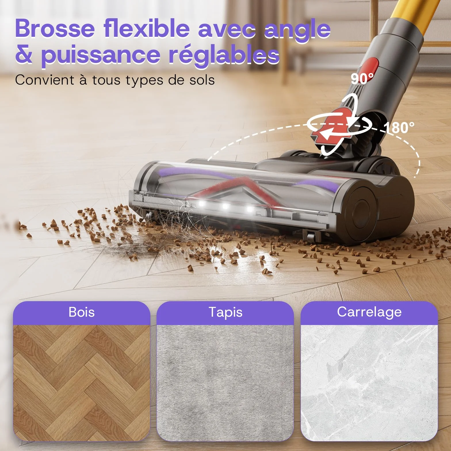 V16 Aspirateur Balai sans Fil 55Kpa/600W/80Mins, Aspirateur sans Fil Puissant, Écrans Tactiles LED, Mode Automatique, Brosse Anti-Emmêlement pour Tapis, Sols Durs et Poils d'animaux