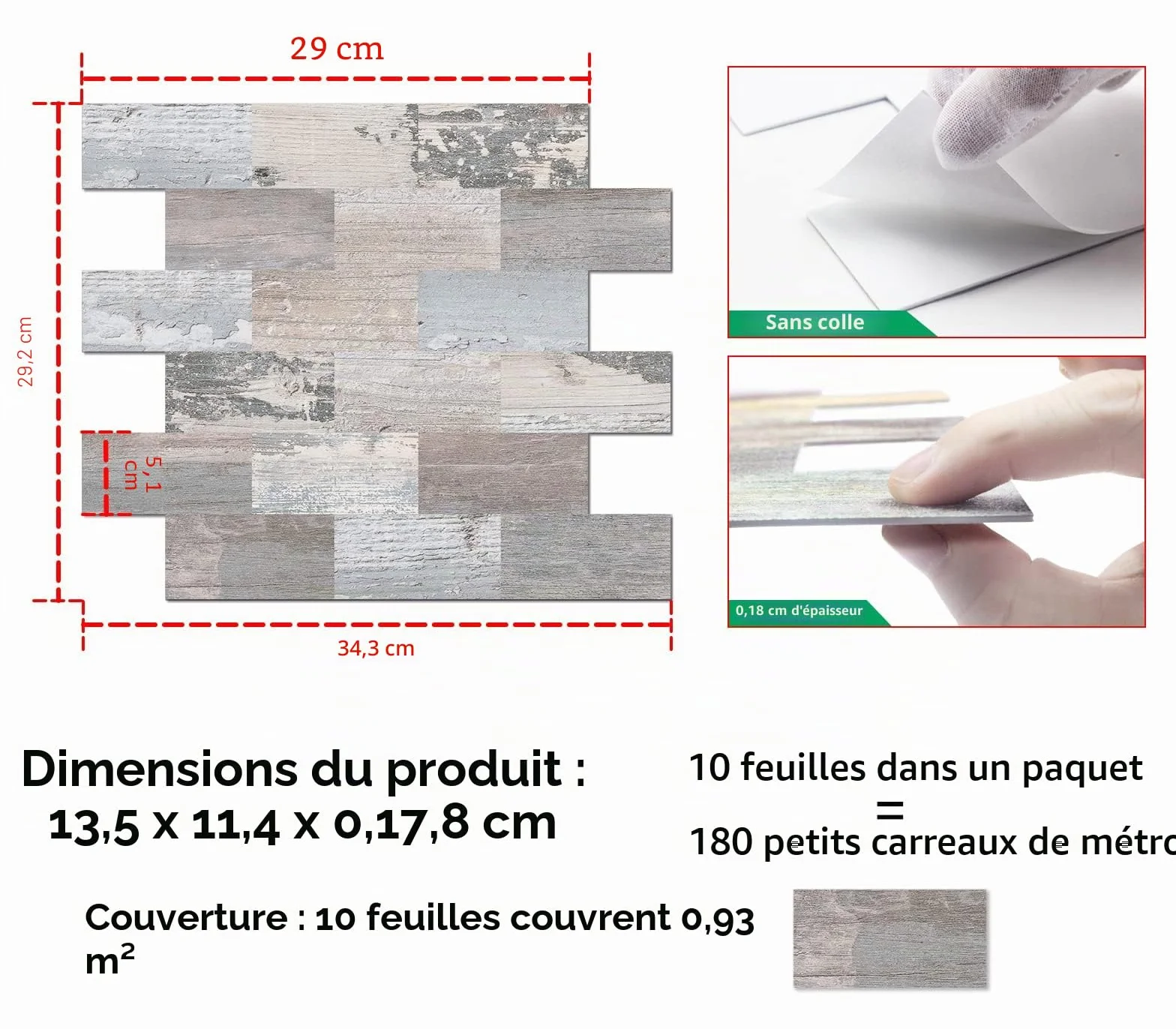 DEWOO Carreaux Adhésif Mural Cuisine Bois Effet 10 Pièce 34x29 cm