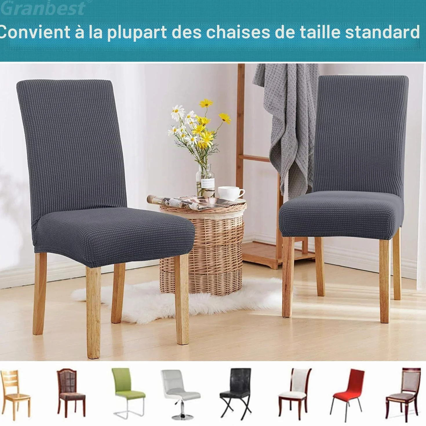 Granbest Lot de 4 Housses de Chaise de Salle à Manger Haute Extensibilité, Ajustement Universel, Gris