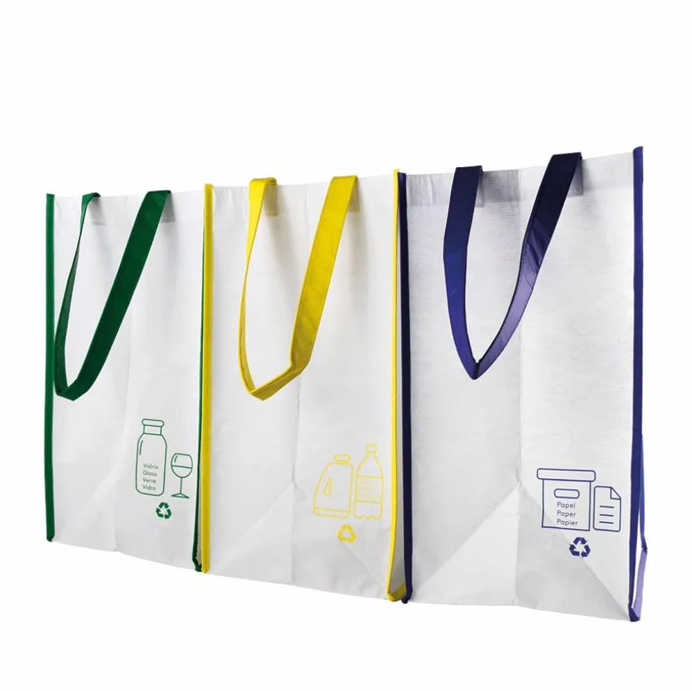 Sacs de recyclage 23L Lot de 3 Bleu Vert Jaune Rubans Poignées Durables Plastique Verre Papier Carton