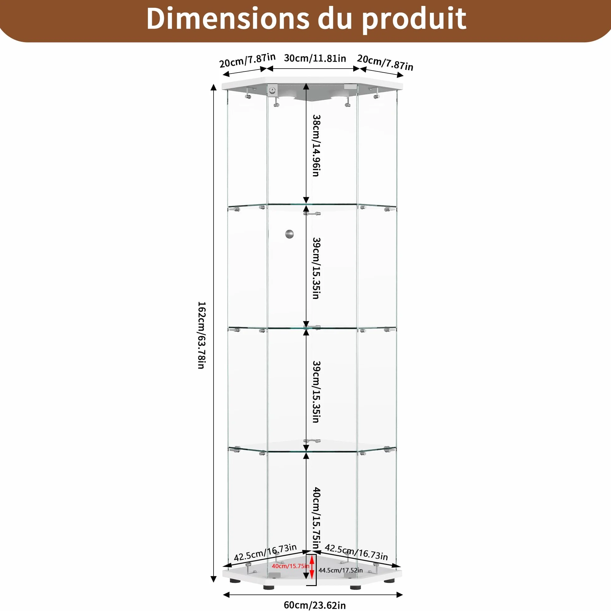 Vitrine en Verre,Vitrines d'angle en Verre avec LED,Hauteur de 162 cm Armoire de Collection en Verres à 4 Couches avec 1 Porte, vitrine trempé Transparent Moderne pour Salon, Chambre à Coucher, Bureau