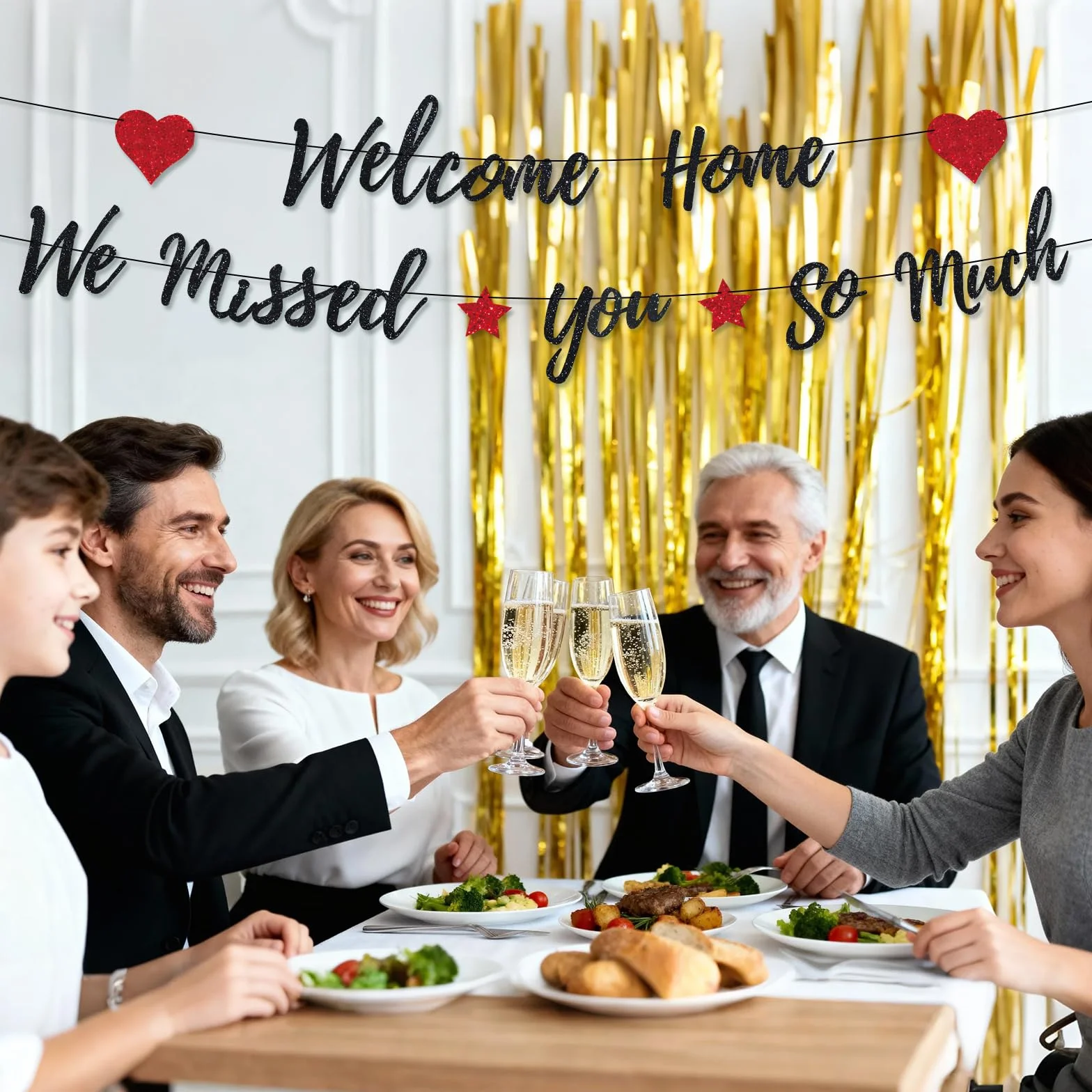 Bannière Bienvenue à la Maison tu Nous as Tellement Manqué, Pré-Enfilée en Papier Pailleté