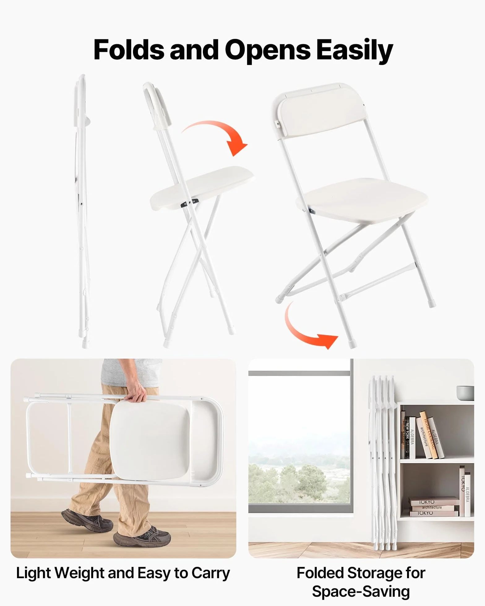 VEVOR Lot de 4 Chaises Pliantes Portables, Chaise de Salle à Manger en Plastique avec Cadre en Métal, Sièges Empilables pour Intérieur et Extérieur, Maison, Cour, Jardin, Fêtes, Événements, Blanc
