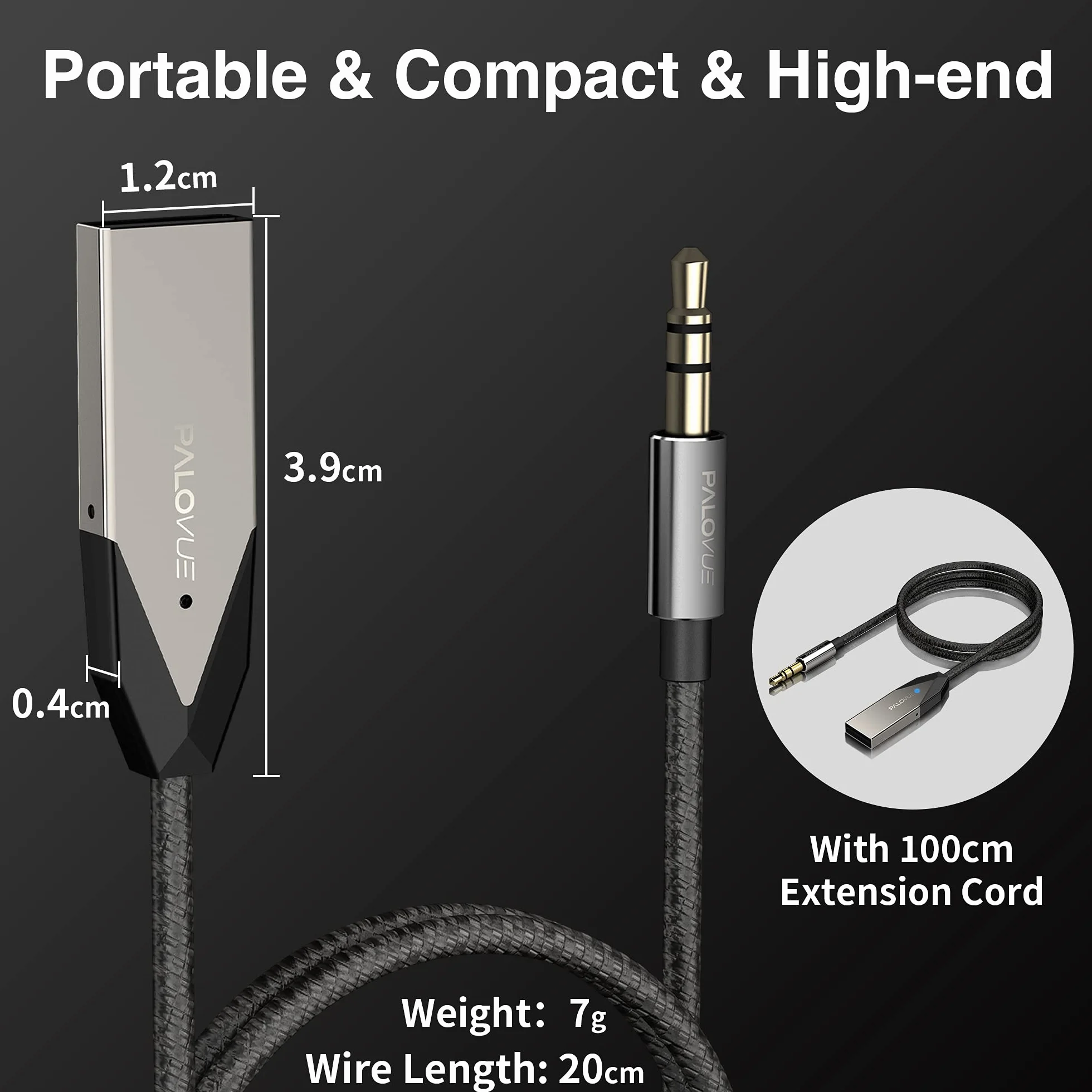 PALOVUE Adapter Aux Bluetooth, zestaw audio, adapter USB z gniazdem 3,5 mm do strumieniowego przesyłania muzyki w samochodzie, połączeń telefonicznych lub domowego stereo, wbudowany mikrofon