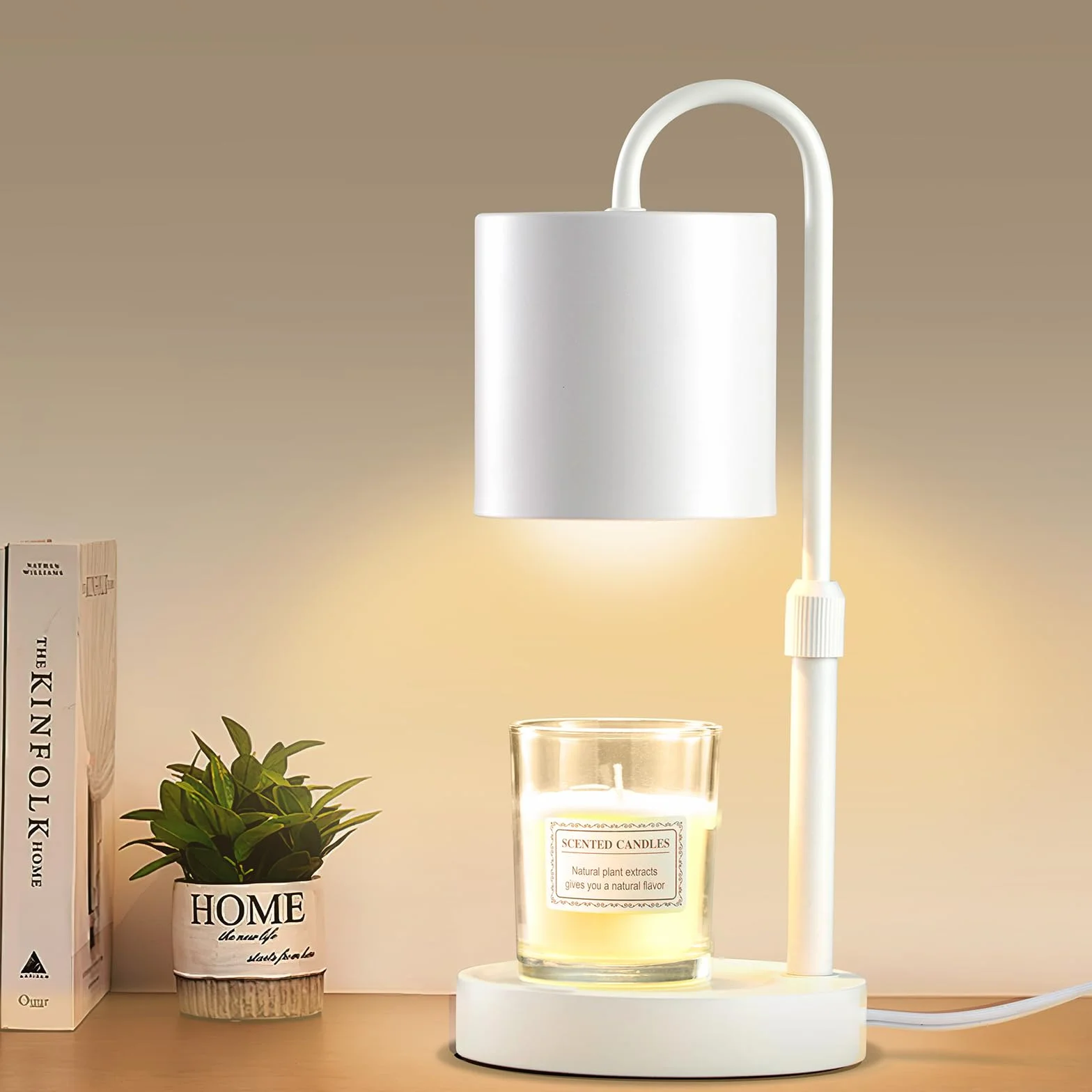 Briever Lampe chauffe-bougie électrique avec minuterie et variateur d'intensité, pour bougies en pot, hauteur réglable avec 2 ampoules et base en bois, cadeau pour femme, décoration d'intérieur, blanc