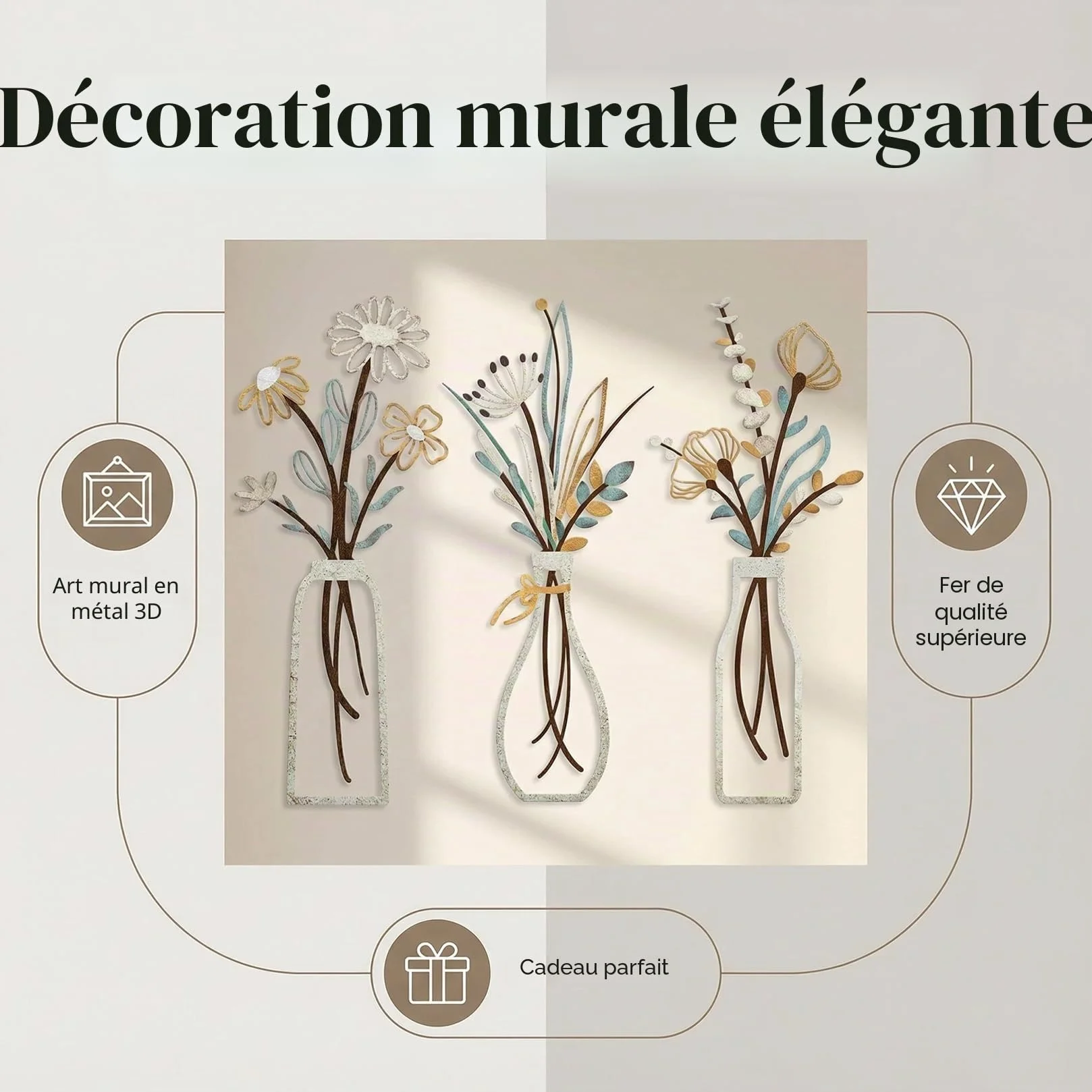 Mailfull 3 Pièces Décoration Murale Métal Fleur Déco Murale Moderne pour Salon