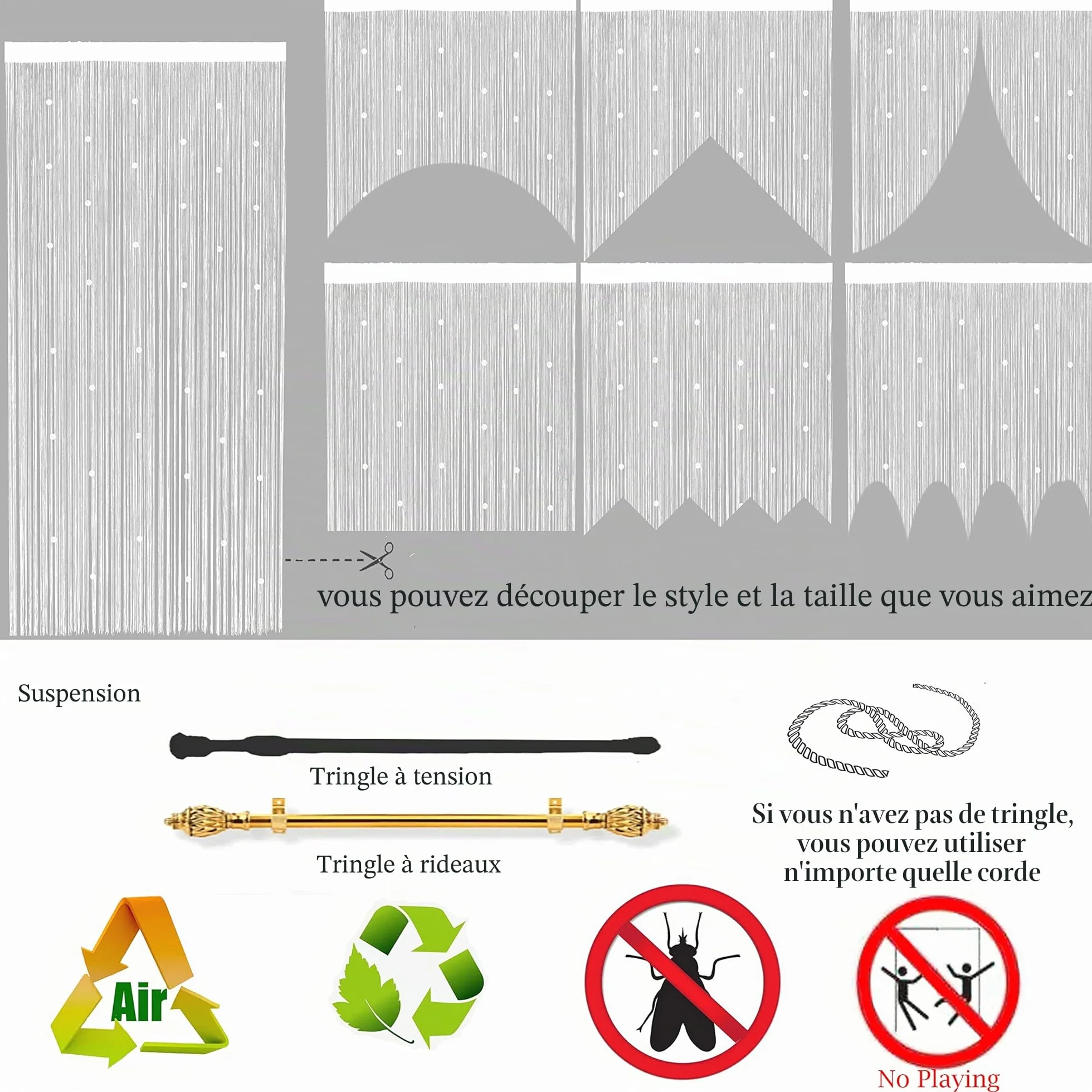 Rideau De Porte en Perles Anti Mouches Exterieur 90x200cm Blanc