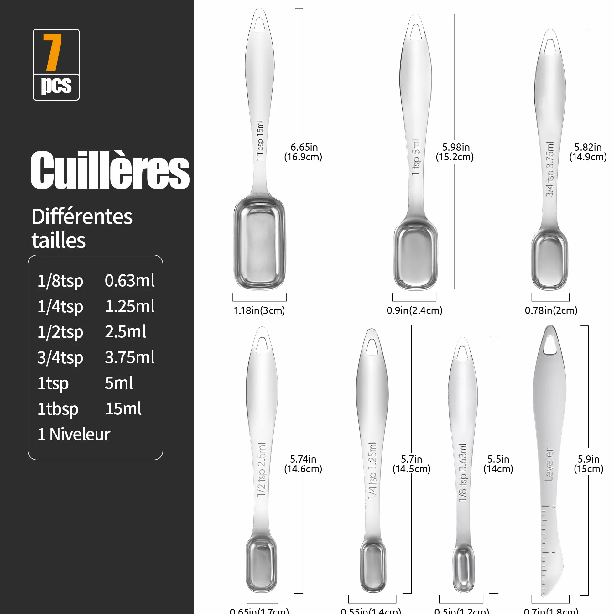 Doosu Ensemble de cuillères à mesurer en métal acier inoxydable 18/8, cuillères à café long manche, 7 pièces